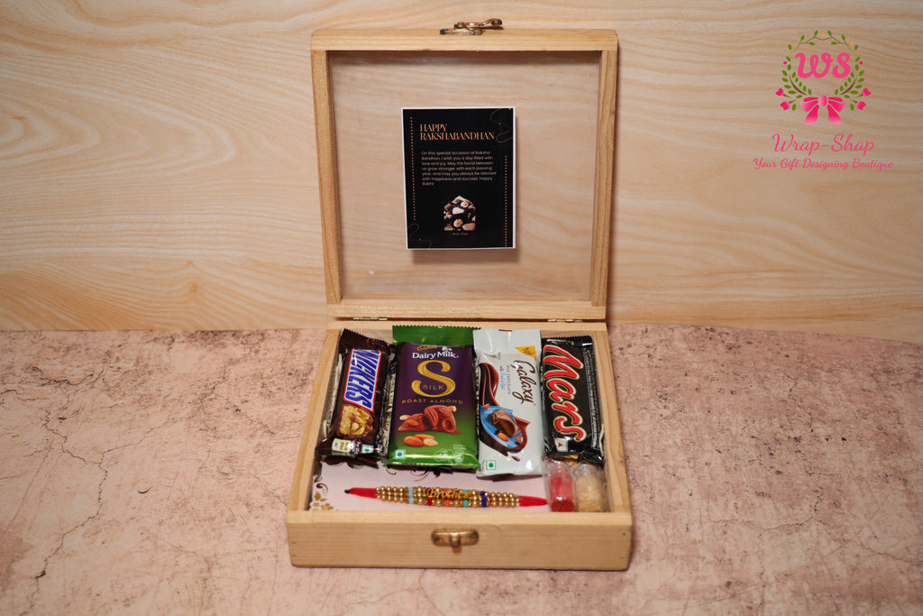 Rakhi Hamper with Assorted Chocolates in Wooden Box & Premium Rakhi for Brother | Wrap Shap