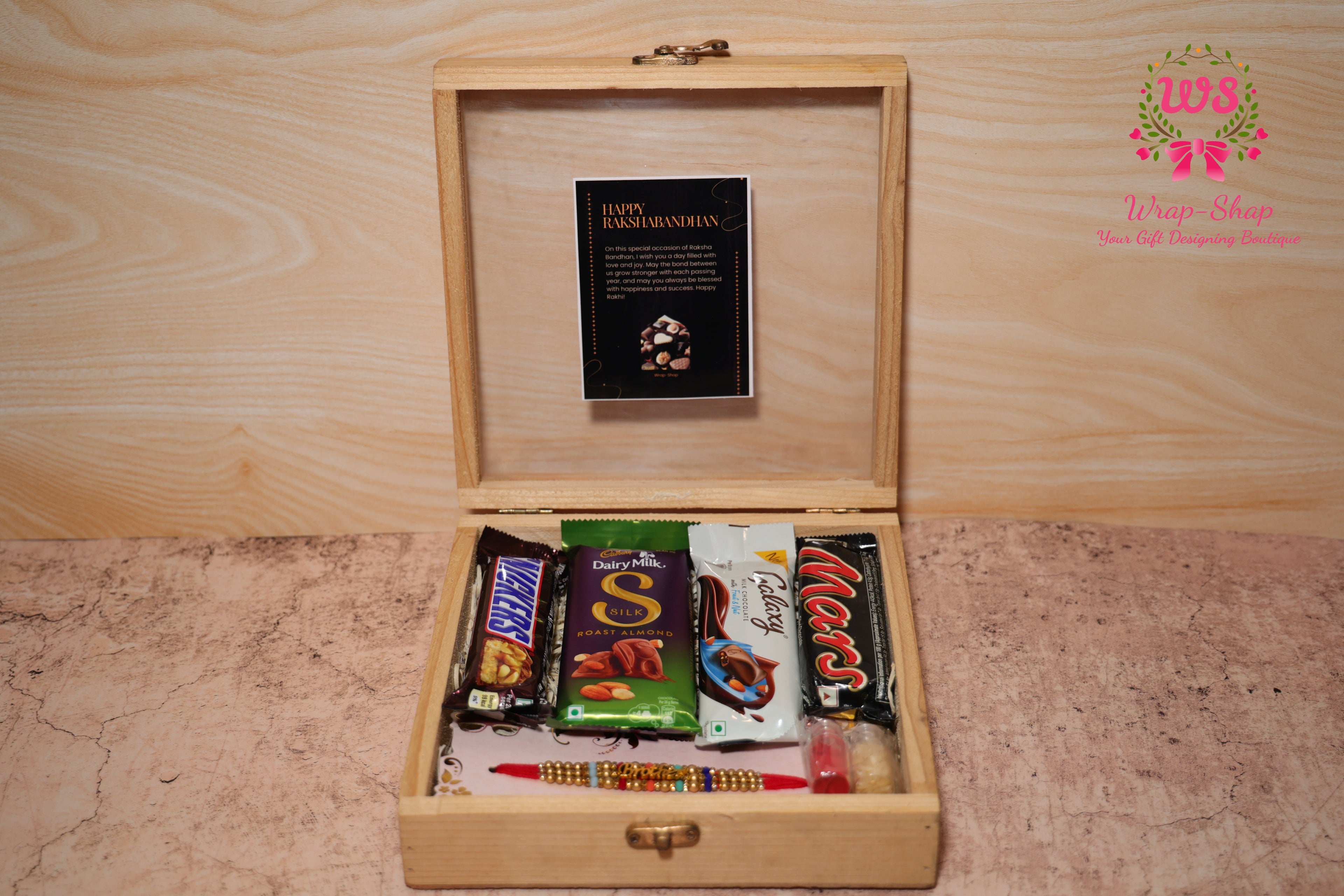 Rakhi Hamper with Assorted Chocolates in Wooden Box & Premium Rakhi for Brother | Wrap Shap