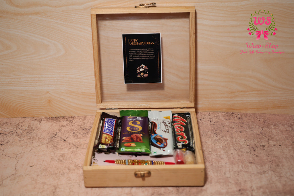 Rakhi Hamper with Assorted Chocolates in Wooden Box & Premium Rakhi for Brother | Wrap Shap