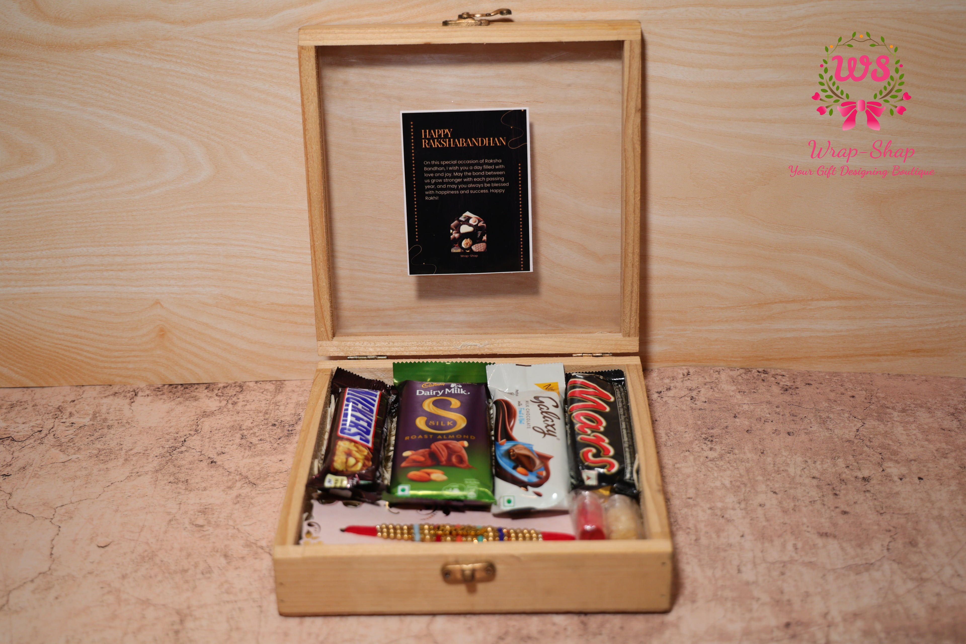 Rakhi Hamper with Assorted Chocolates in Wooden Box & Premium Rakhi for Brother | Wrap Shap