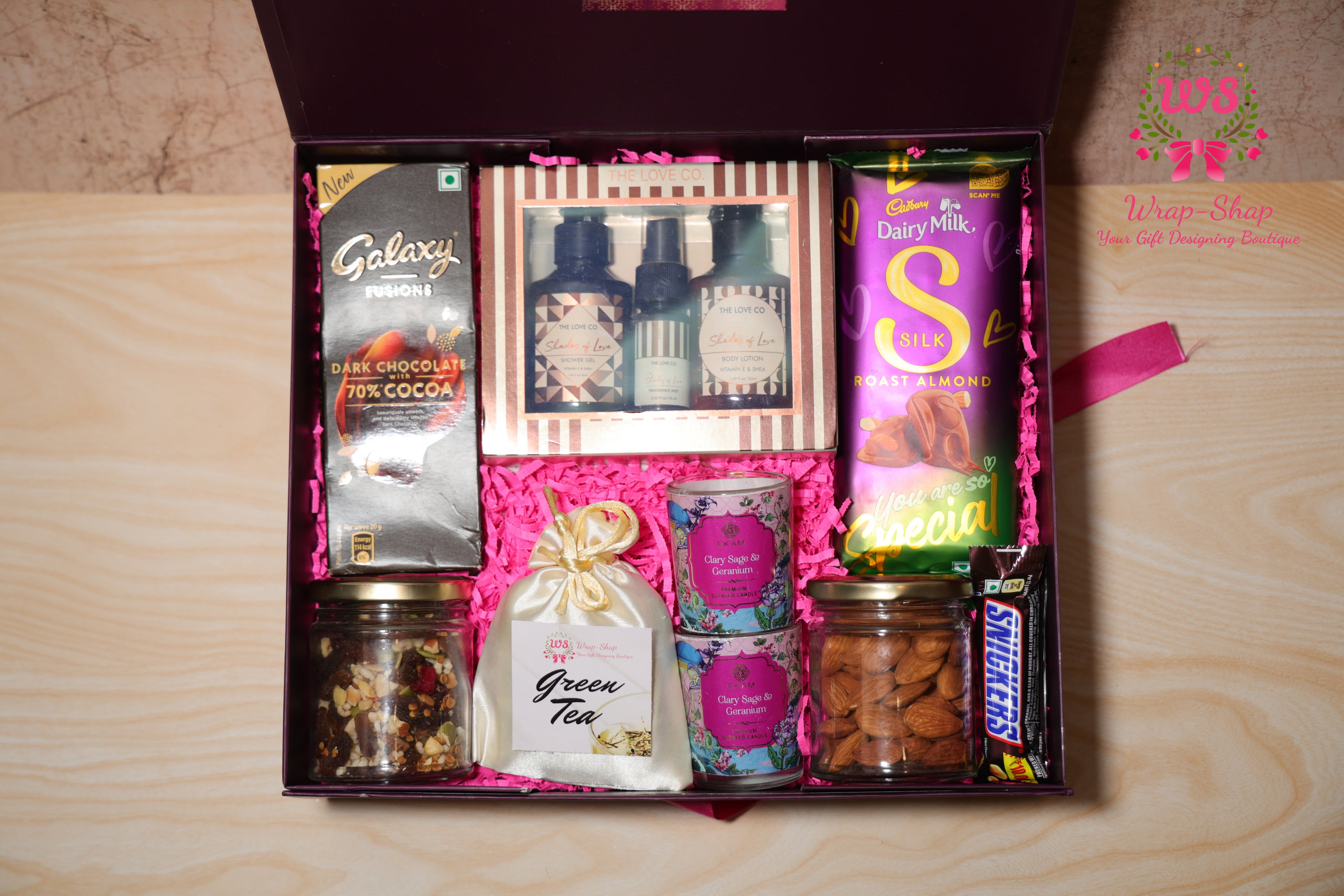 Luxury Bhaiya Bhabhi Rakhi Gift Hamper with Love Co Body Care, Dry Fruits, Candles, Chocolates & Personalized Photo Tag | Wrap Shap