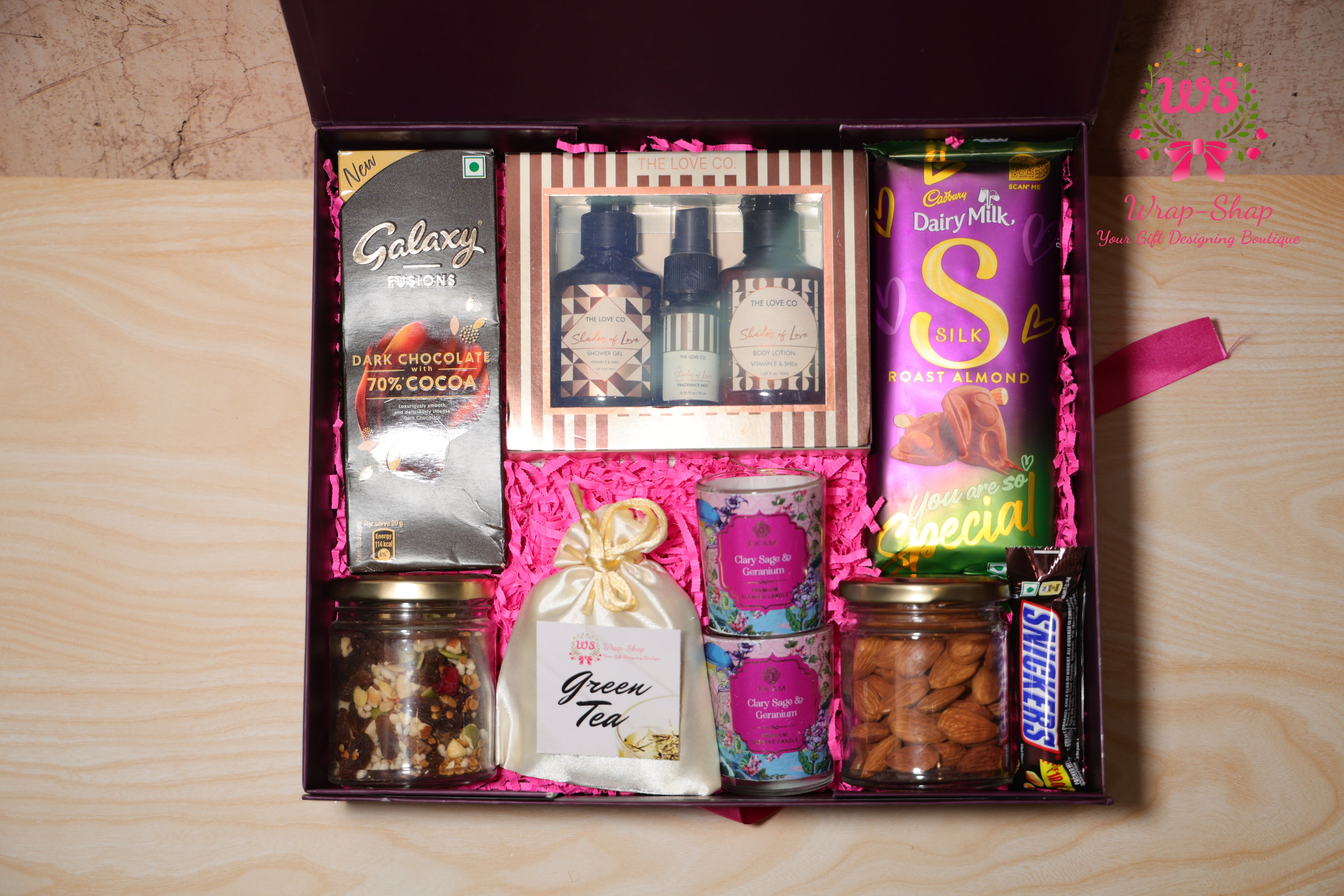 Luxury Bhaiya Bhabhi Rakhi Gift Hamper with Love Co Body Care, Dry Fruits, Candles, Chocolates & Personalized Photo Tag | Wrap Shap