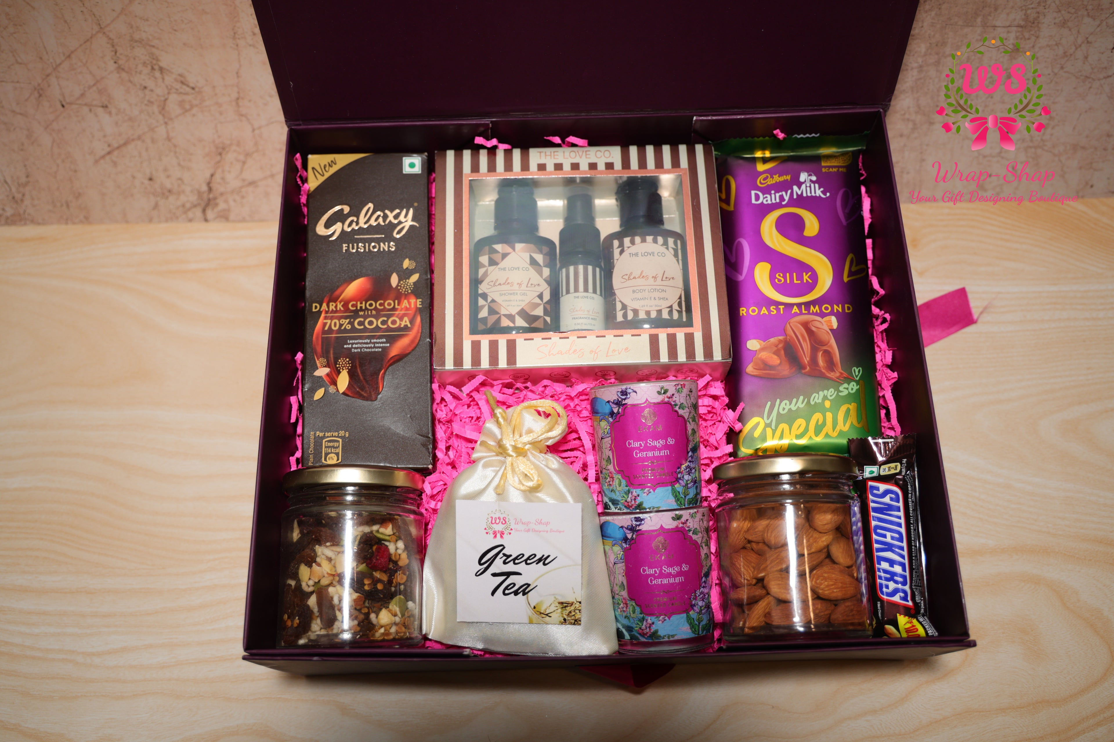 Luxury Bhaiya Bhabhi Rakhi Gift Hamper with Love Co Body Care, Dry Fruits, Candles, Chocolates & Personalized Photo Tag | Wrap Shap