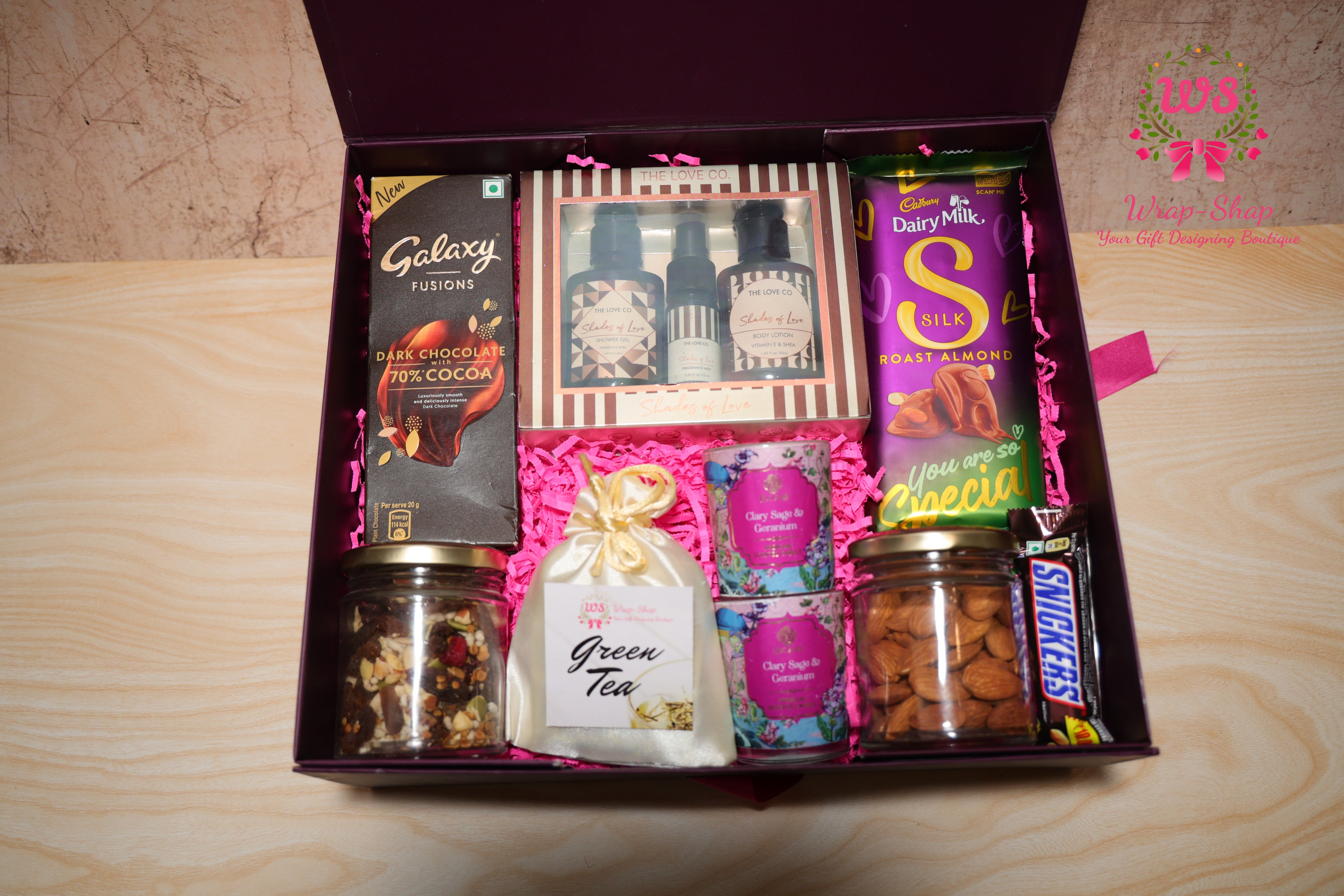Luxury Bhaiya Bhabhi Rakhi Gift Hamper with Love Co Body Care, Dry Fruits, Candles, Chocolates & Personalized Photo Tag | Wrap Shap
