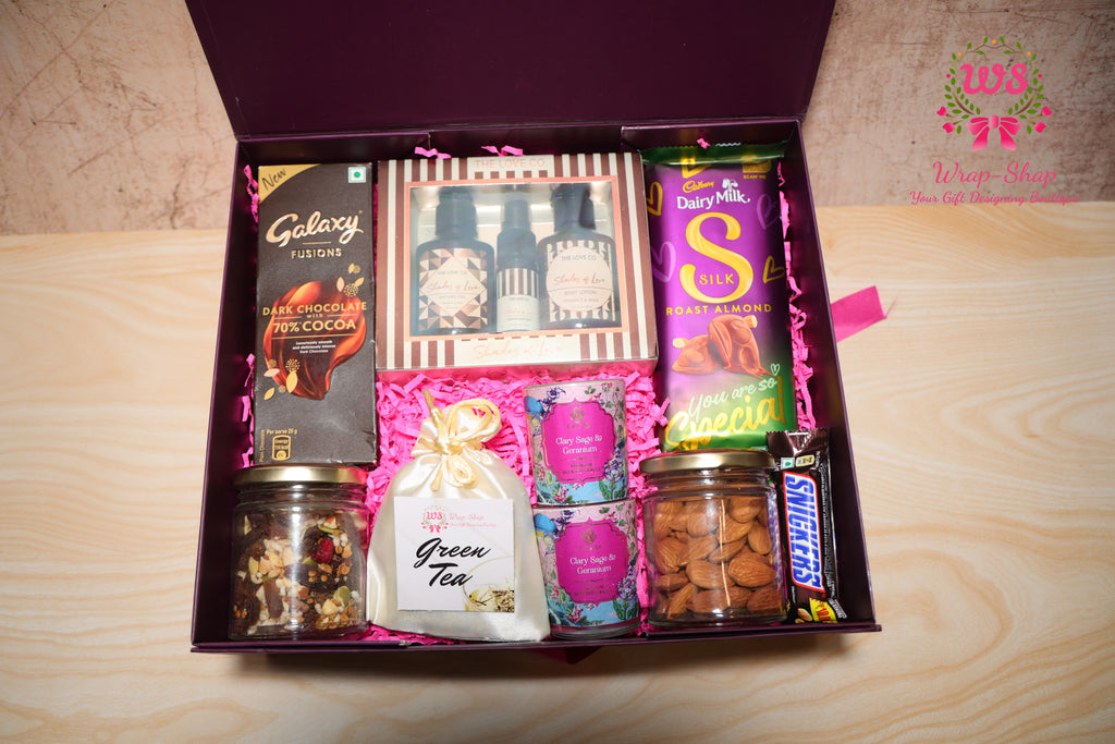 Luxury Bhaiya Bhabhi Rakhi Gift Hamper with Love Co Body Care, Dry Fruits, Candles, Chocolates & Personalized Photo Tag | Wrap Shap