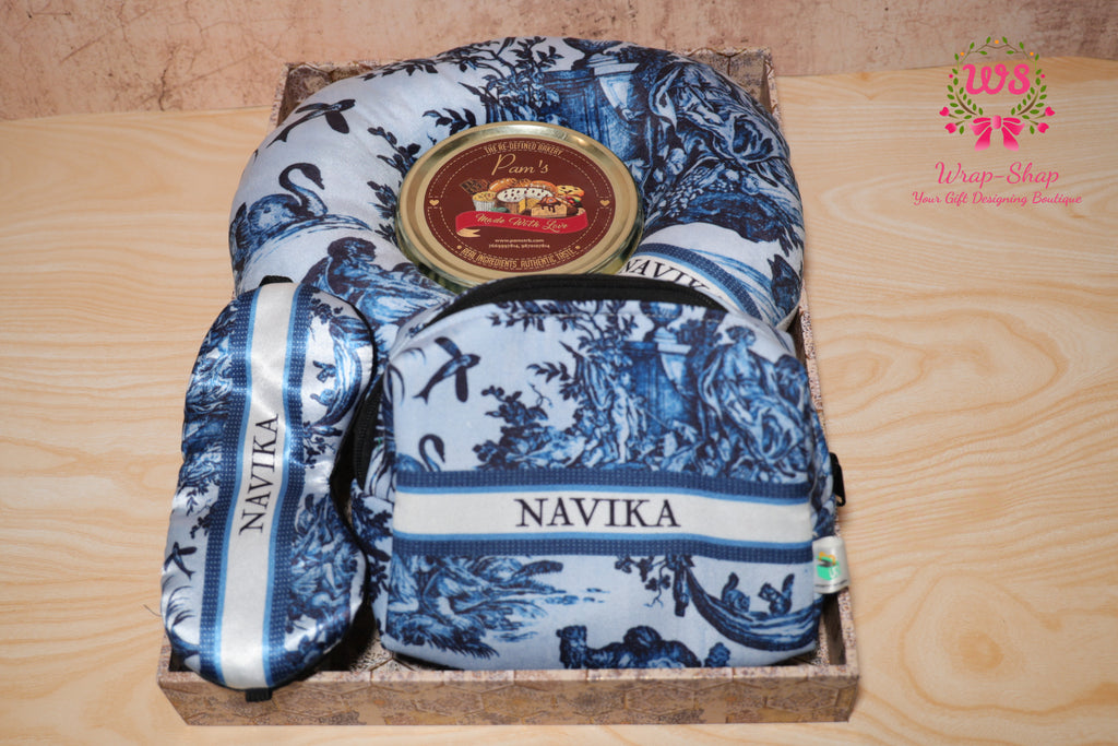 Personalized Travel Hamper for Women with Neck Pillow, Eye Mask, Pouch & Handmade Chocolates | Gift for Women by Wrap Shap