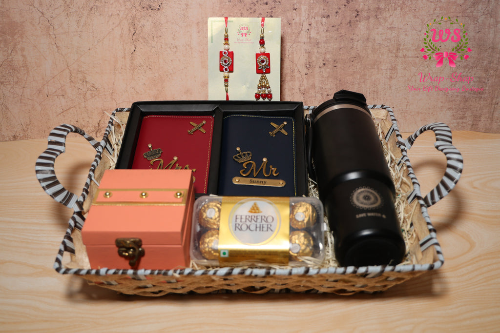 Personalized Bhaiya Bhabhi Rakhi Hamper with Custom Passport Covers, Ferrero Rocher, Flask & Gift Basket | Wrap Shap