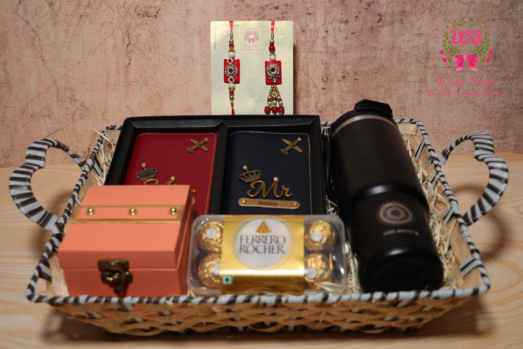 Personalized Bhaiya Bhabhi Rakhi Hamper with Custom Passport Covers, Ferrero Rocher, Flask & Gift Basket | Wrap Shap