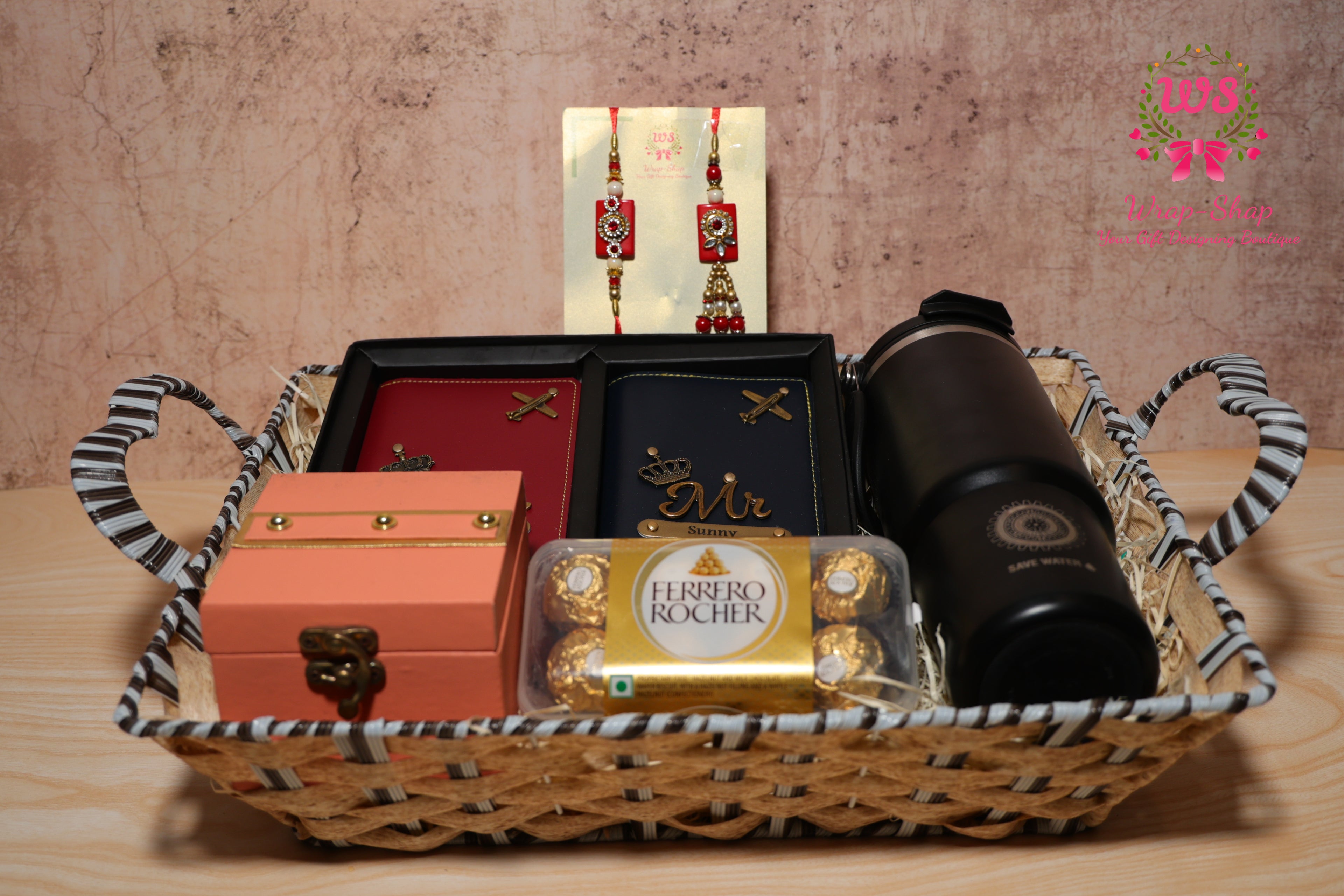 Personalized Bhaiya Bhabhi Rakhi Hamper with Custom Passport Covers, Ferrero Rocher, Flask & Gift Basket | Wrap Shap