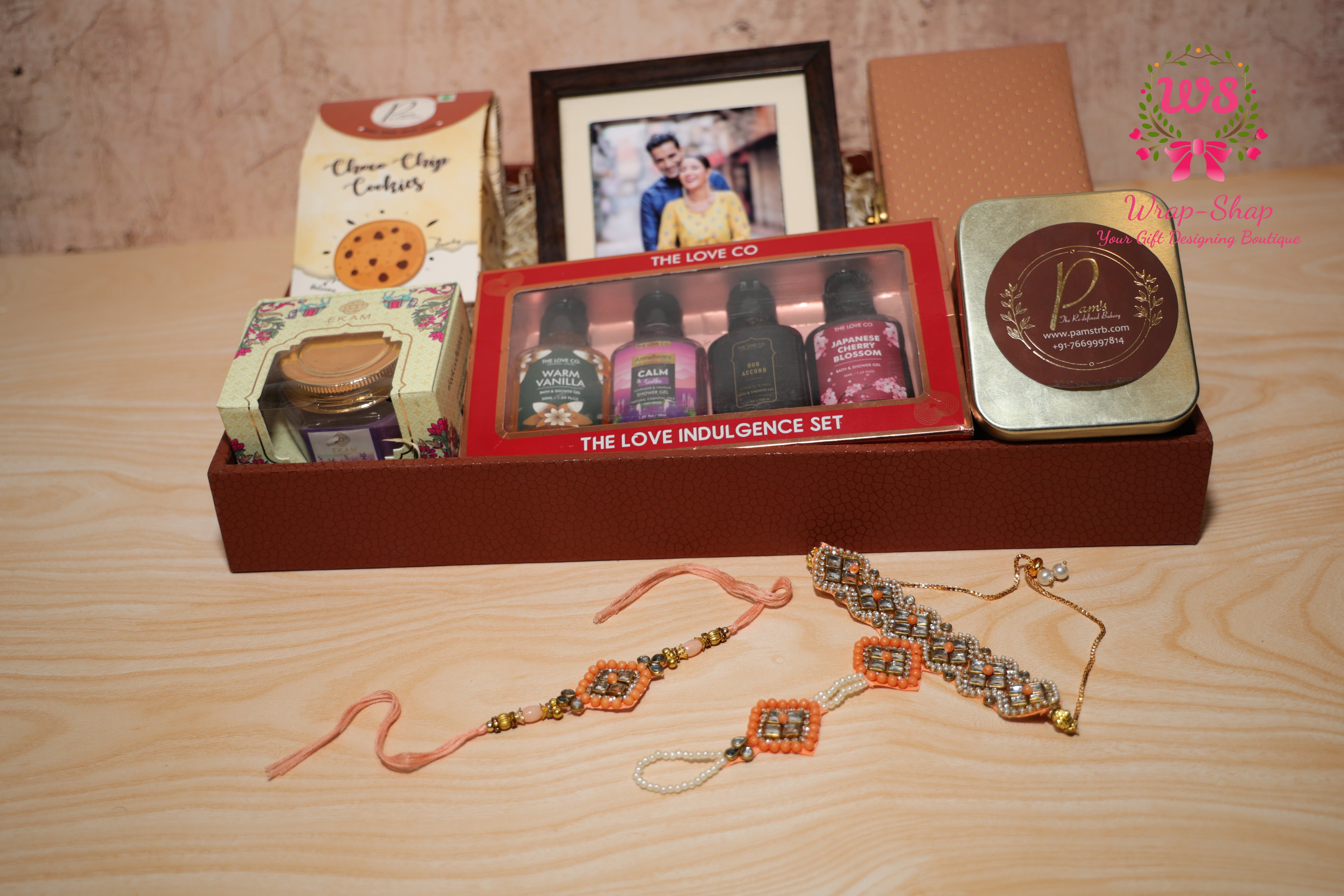 Bhaiya Bhabhi Rakhi Hamper with Love Co Shower Gift Set, Cookies, Chocolates, Candle & Photo Frame in Leather Tray | Wrap Shap
