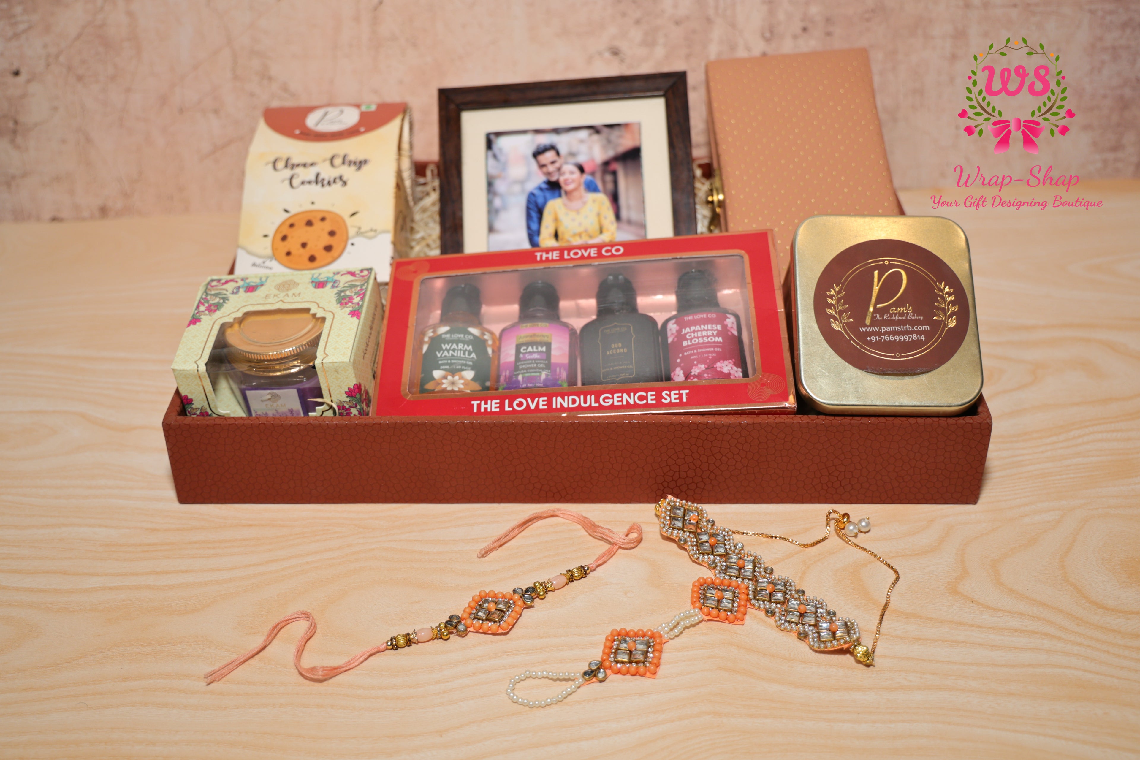 Bhaiya Bhabhi Rakhi Hamper with Love Co Shower Gift Set, Cookies, Chocolates, Candle & Photo Frame in Leather Tray | Wrap Shap