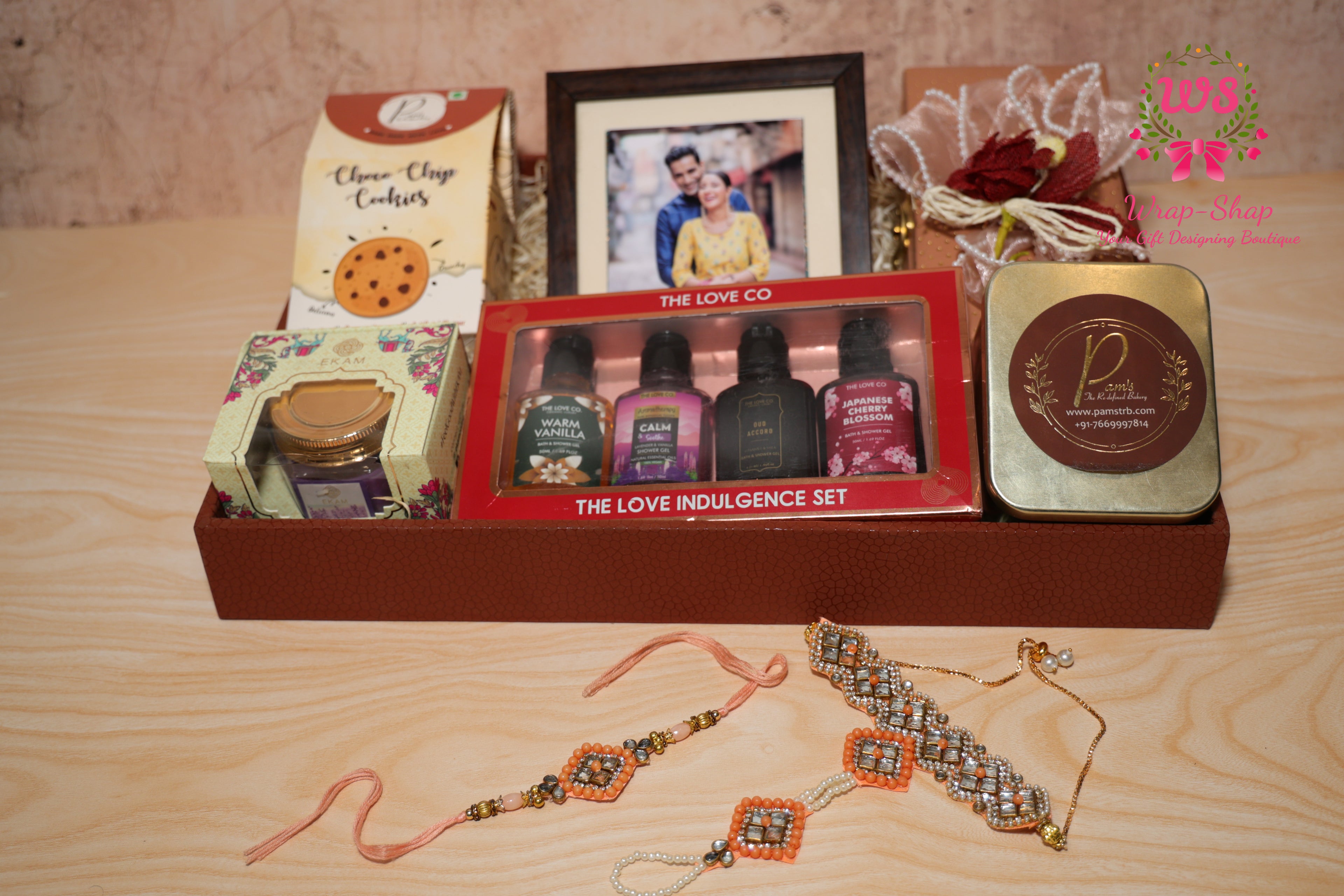Bhaiya Bhabhi Rakhi Hamper with Love Co Shower Gift Set, Cookies, Chocolates, Candle & Photo Frame in Leather Tray | Wrap Shap