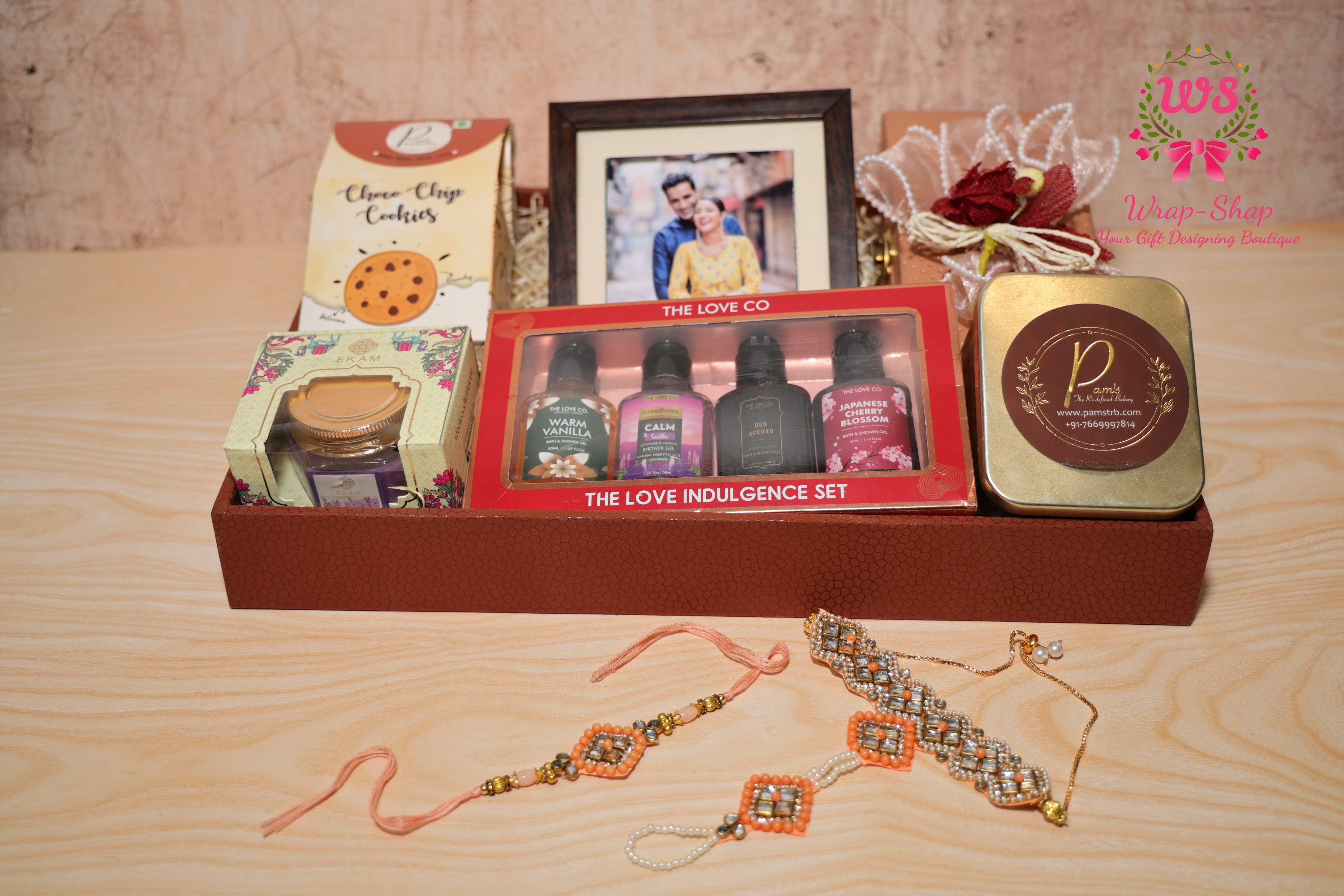 Bhaiya Bhabhi Rakhi Hamper with Love Co Shower Gift Set, Cookies, Chocolates, Candle & Photo Frame in Leather Tray | Wrap Shap