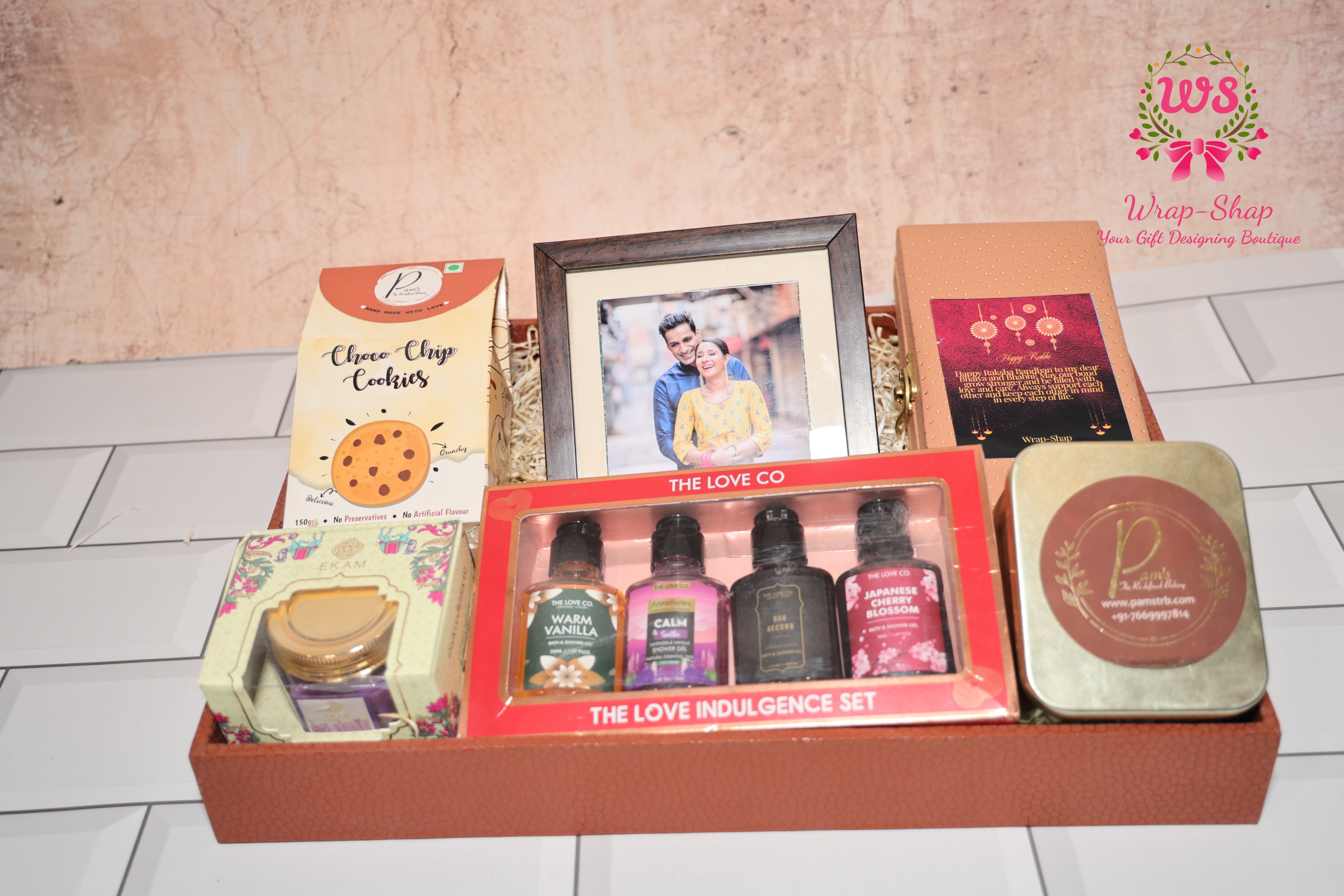 Bhaiya Bhabhi Rakhi Hamper with Love Co Shower Gift Set, Cookies, Chocolates, Candle & Photo Frame in Leather Tray | Wrap Shap