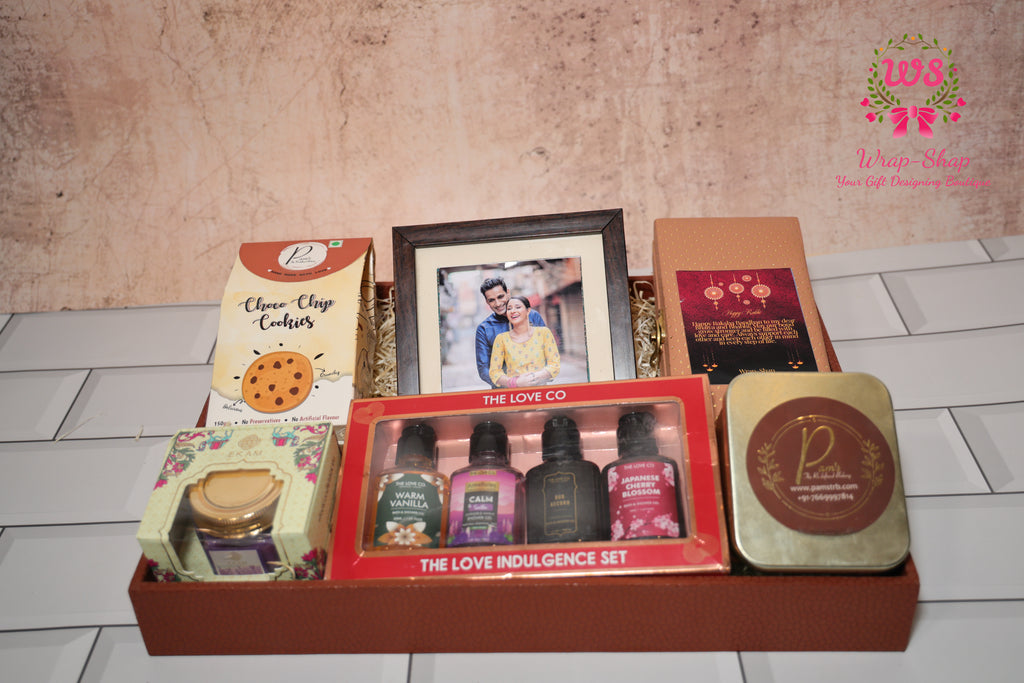 Bhaiya Bhabhi Rakhi Hamper with Love Co Shower Gift Set, Cookies, Chocolates, Candle & Photo Frame in Leather Tray | Wrap Shap