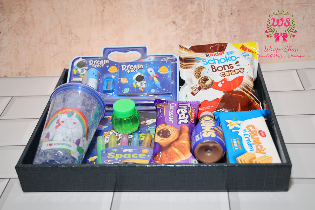 Space Theme Kids Gift Hamper for Boys with Personalized Tumbler, Stationery & Snacks in Leather Tray | Wrap Shap