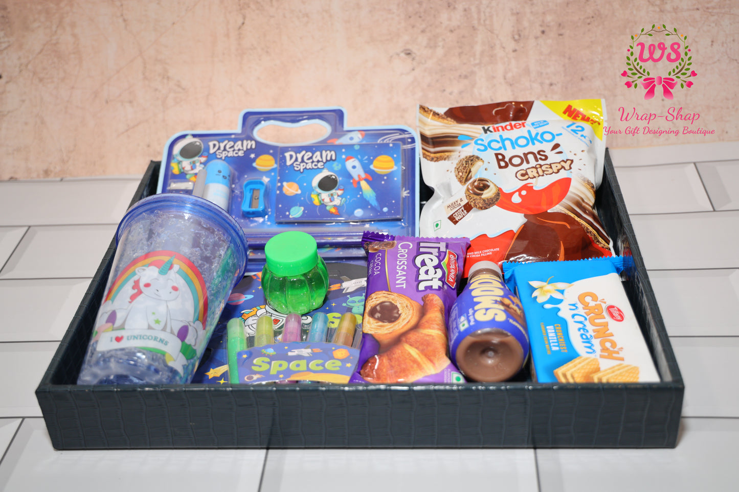 Space Theme Kids Gift Hamper for Boys with Personalized Tumbler, Stationery & Snacks in Leather Tray | Wrap Shap