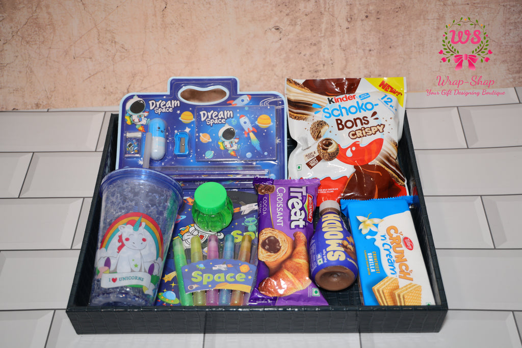 Space Theme Kids Gift Hamper for Boys with Personalized Tumbler, Stationery & Snacks in Leather Tray | Wrap Shap