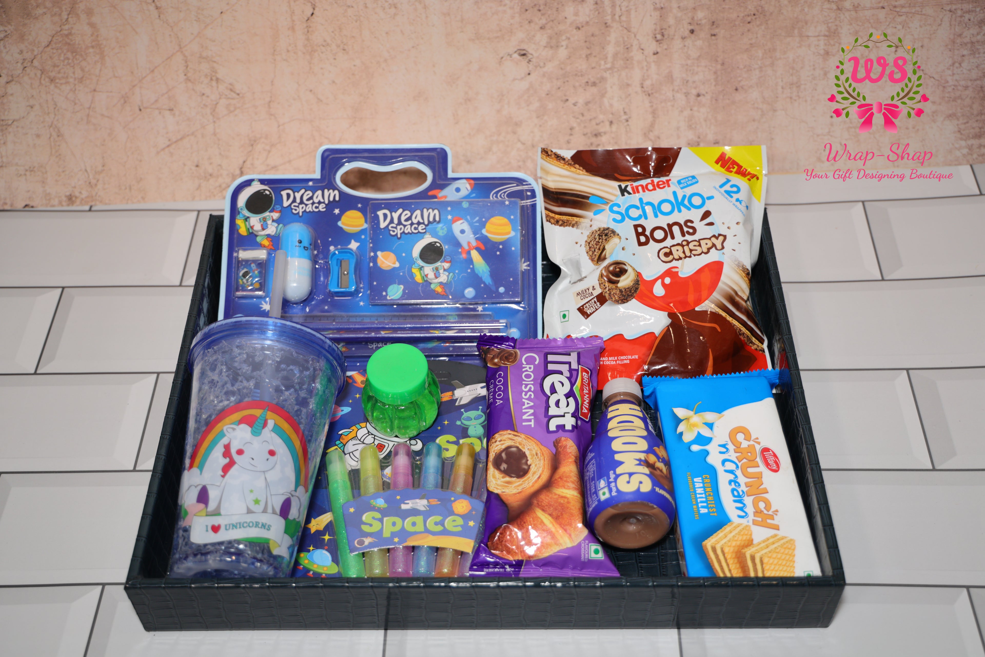 Space Theme Kids Gift Hamper for Boys with Personalized Tumbler, Stationery & Snacks in Leather Tray | Wrap Shap