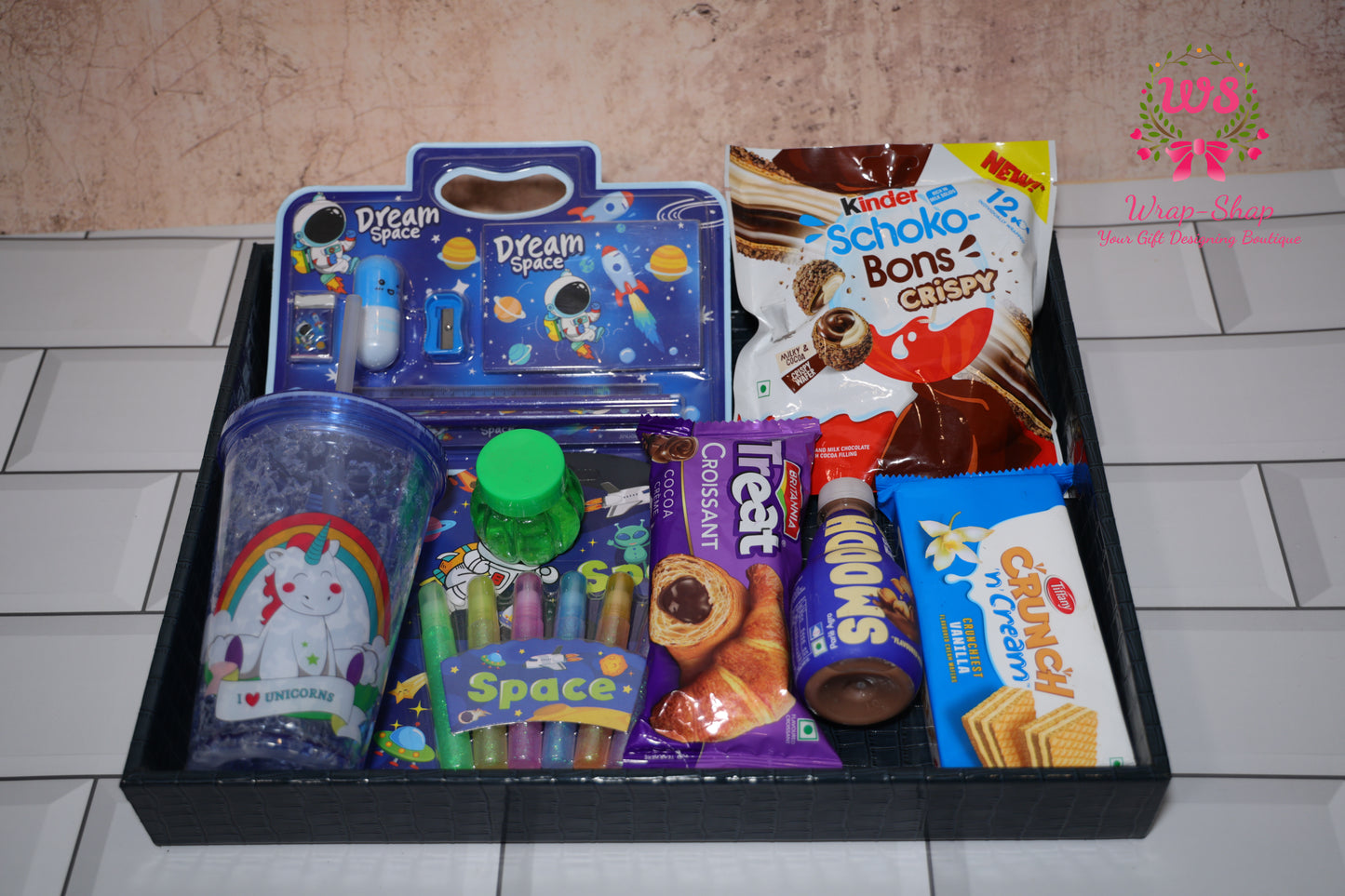 Space Theme Kids Gift Hamper for Boys with Personalized Tumbler, Stationery & Snacks in Leather Tray | Wrap Shap