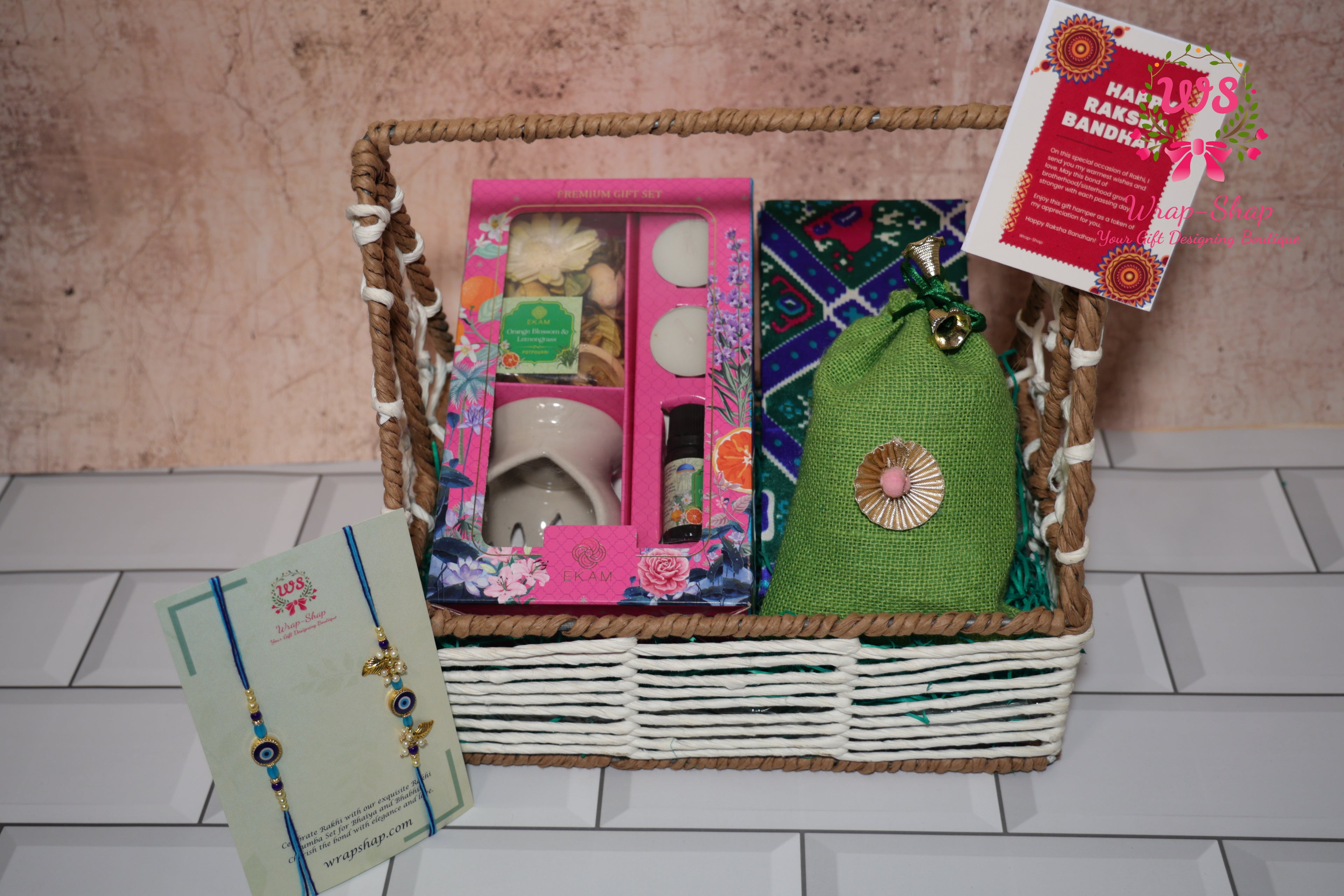 Bhaiya Bhabhi Rakhi Hamper with Diffuser Gift Set, Cashews & Jewelry Box in Rafia Basket | Wrap Shap Raksha Bandhan Gift