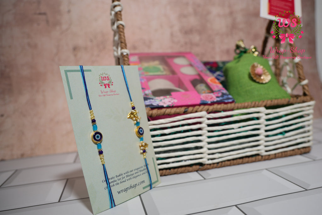 Bhaiya Bhabhi Rakhi Hamper with Diffuser Gift Set, Cashews & Jewelry Box in Rafia Basket | Wrap Shap Raksha Bandhan Gift