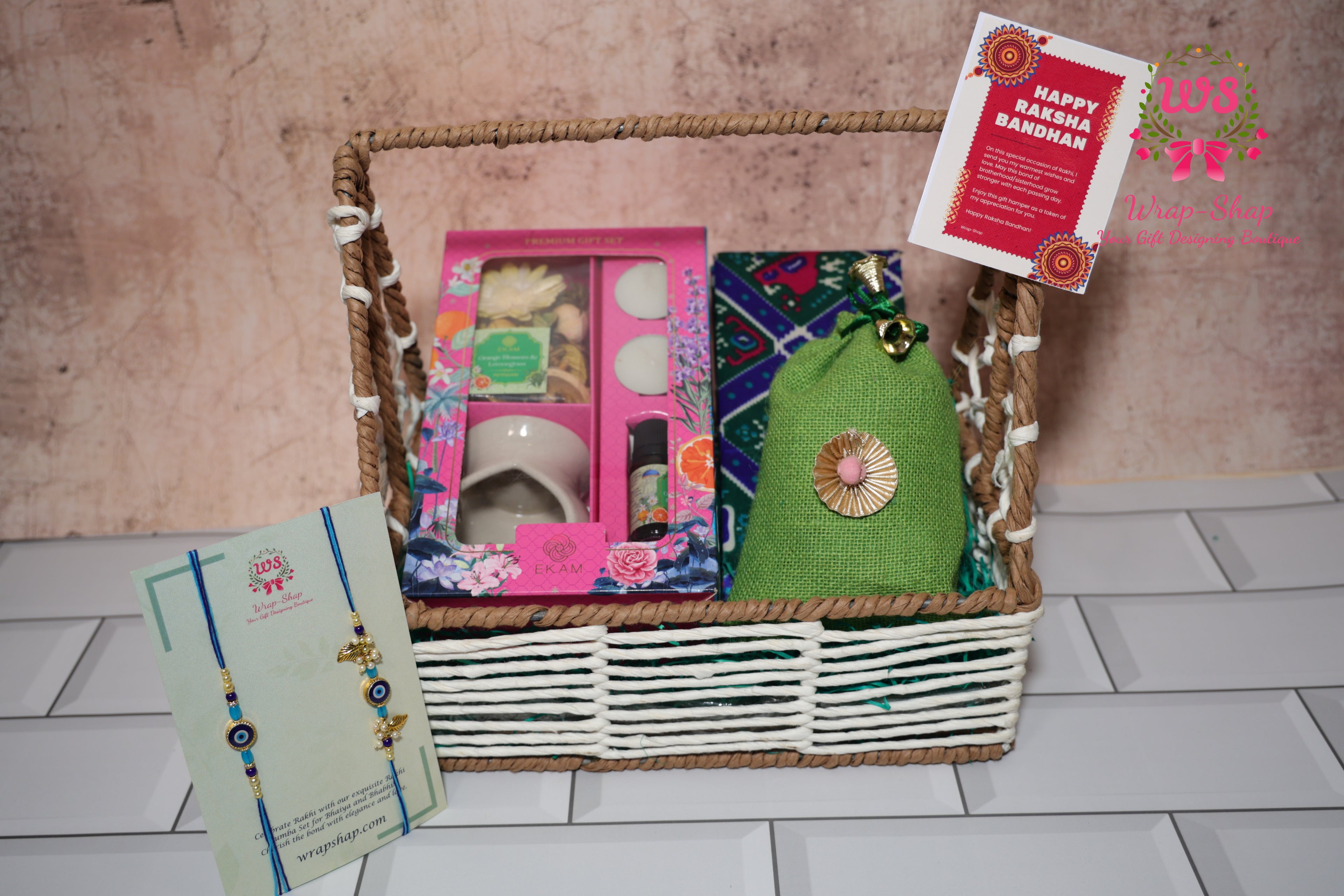 Bhaiya Bhabhi Rakhi Hamper with Diffuser Gift Set, Cashews & Jewelry Box in Rafia Basket | Wrap Shap Raksha Bandhan Gift