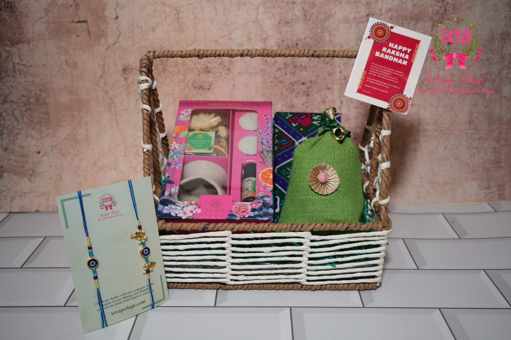 Bhaiya Bhabhi Rakhi Hamper with Diffuser Gift Set, Cashews & Jewelry Box in Rafia Basket | Wrap Shap Raksha Bandhan Gift