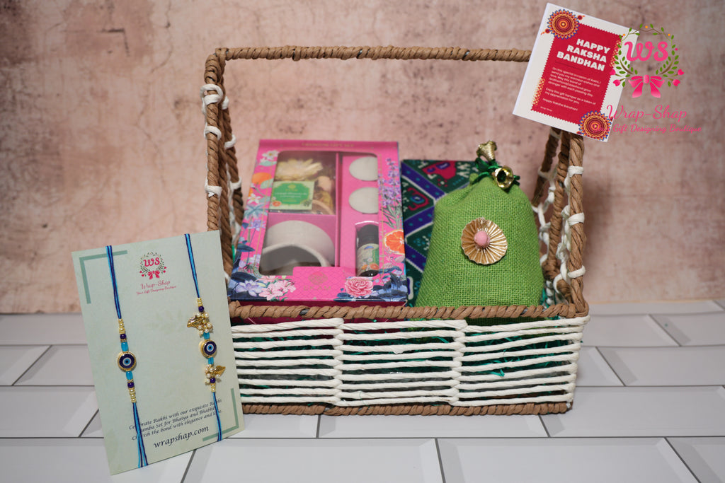Bhaiya Bhabhi Rakhi Hamper with Diffuser Gift Set, Cashews & Jewelry Box in Rafia Basket | Wrap Shap Raksha Bandhan Gift