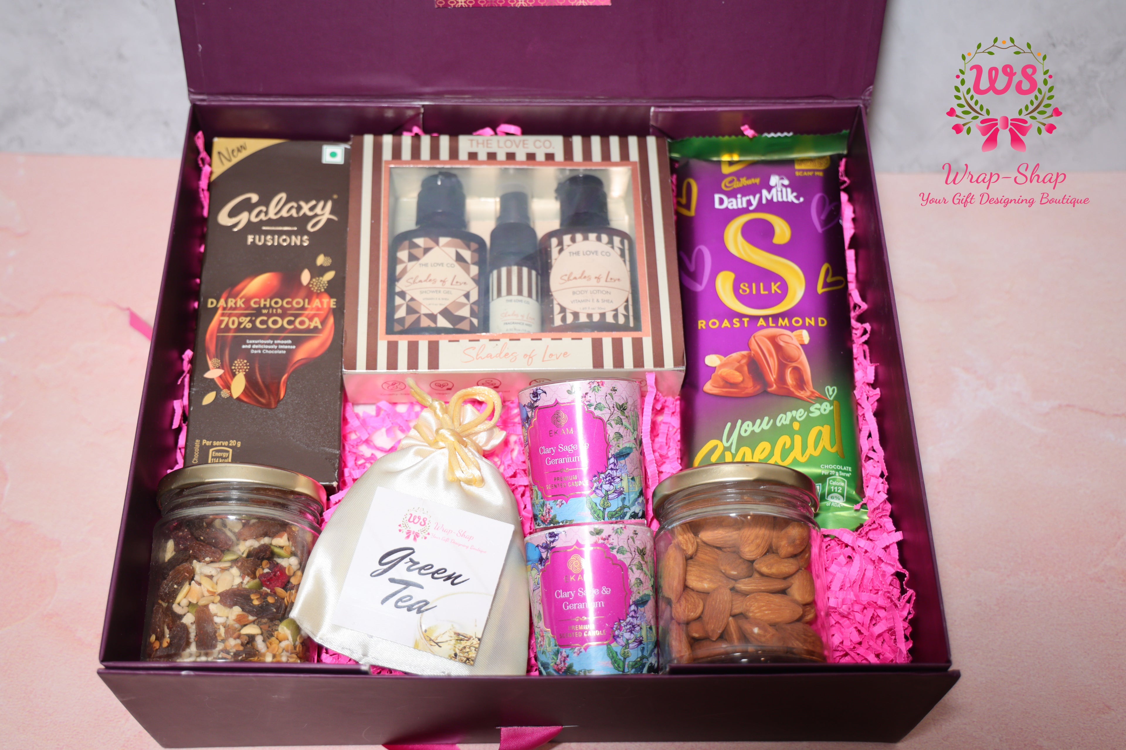 Luxury Bhaiya Bhabhi Rakhi Gift Hamper with Love Co Body Care, Dry Fruits, Candles, Chocolates & Personalized Photo Tag | Wrap Shap