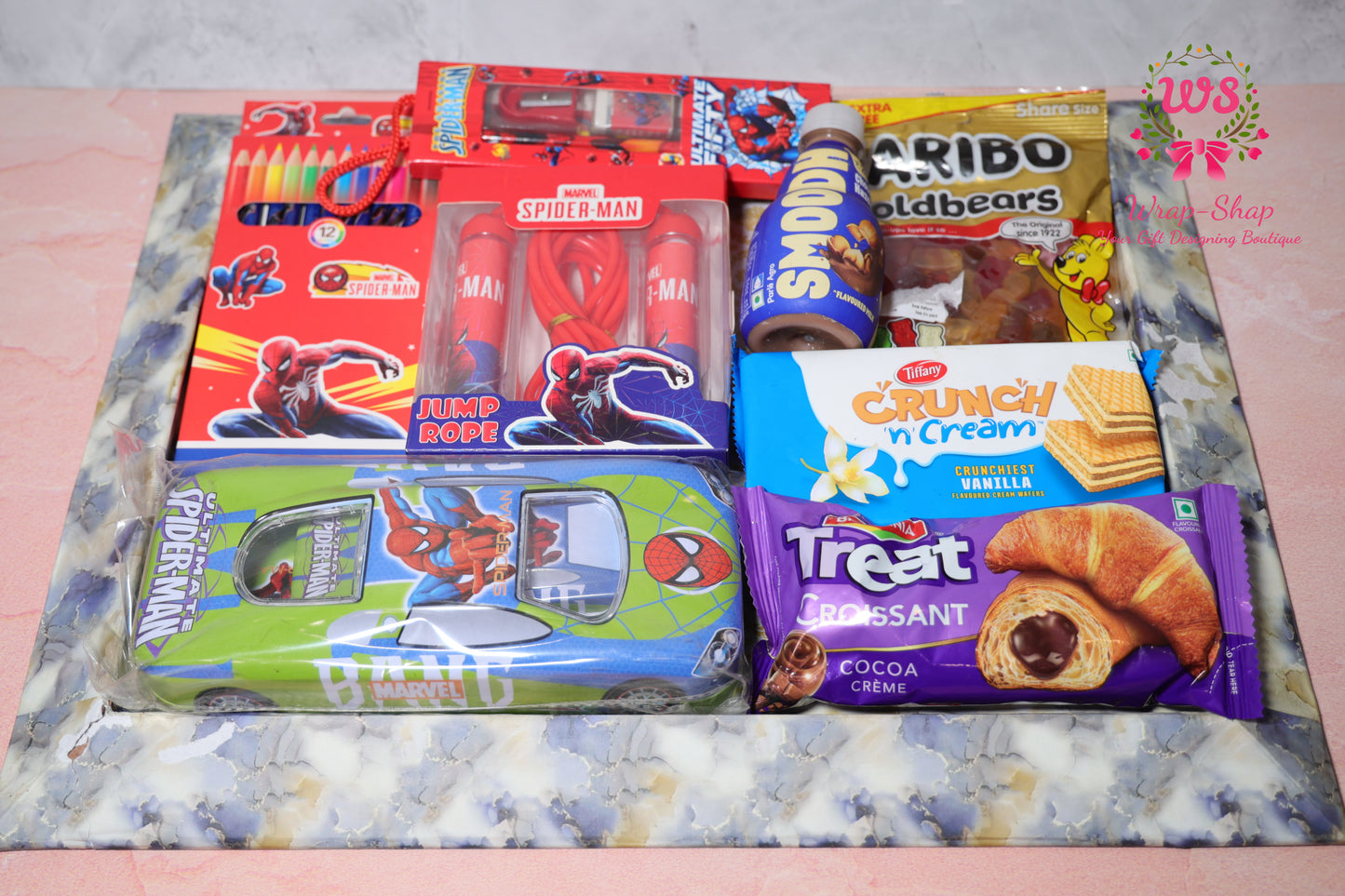 Spiderman Theme Gift Hamper for Boys with Stationery, Snacks & Toys in Gift Tray | Wrap Shap