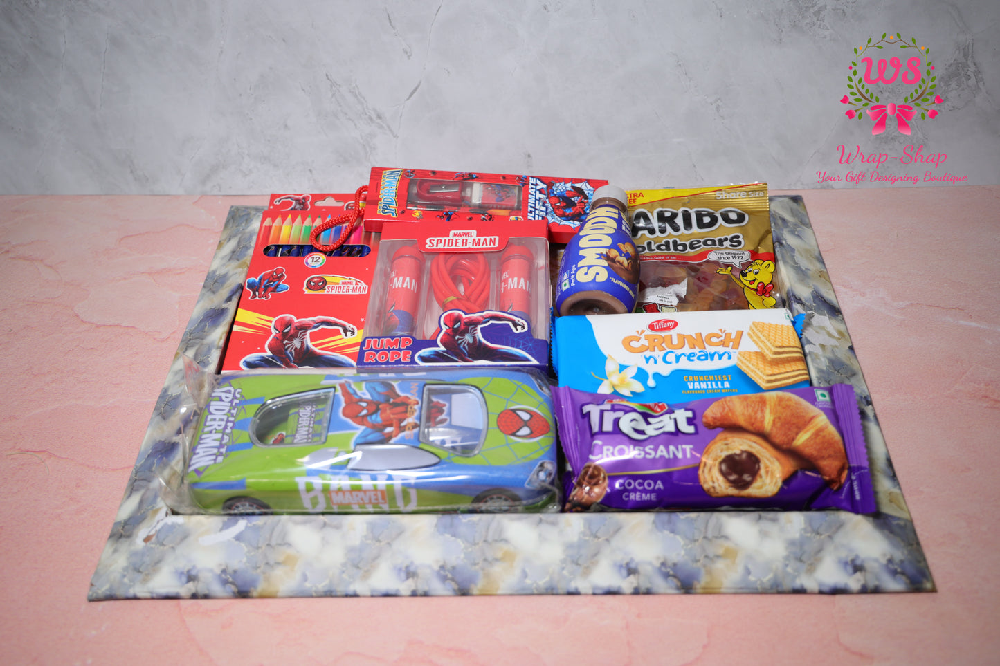 Spiderman Theme Gift Hamper for Boys with Stationery, Snacks & Toys in Gift Tray | Wrap Shap