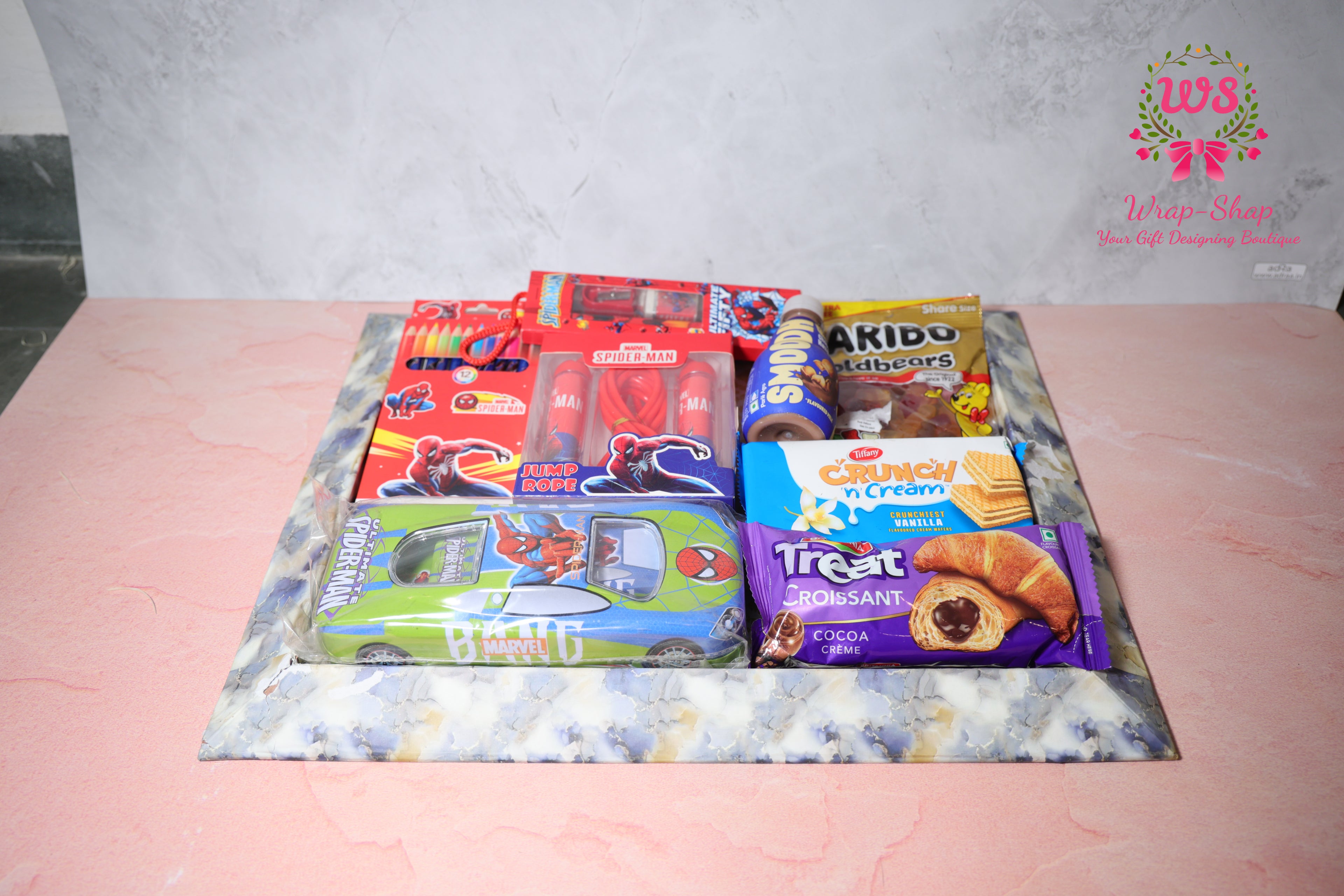 Spiderman Theme Gift Hamper for Boys with Stationery, Snacks & Toys in Gift Tray | Wrap Shap