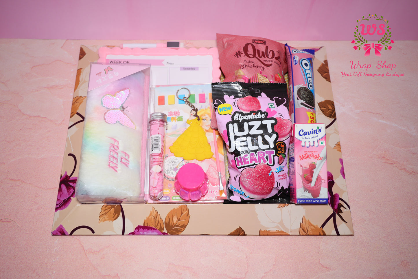 Creative Kids Hamper for Girls with Fur Pouch, Whiteboard, Art Kit & Snacks in Gift Tray | Wrap Shap