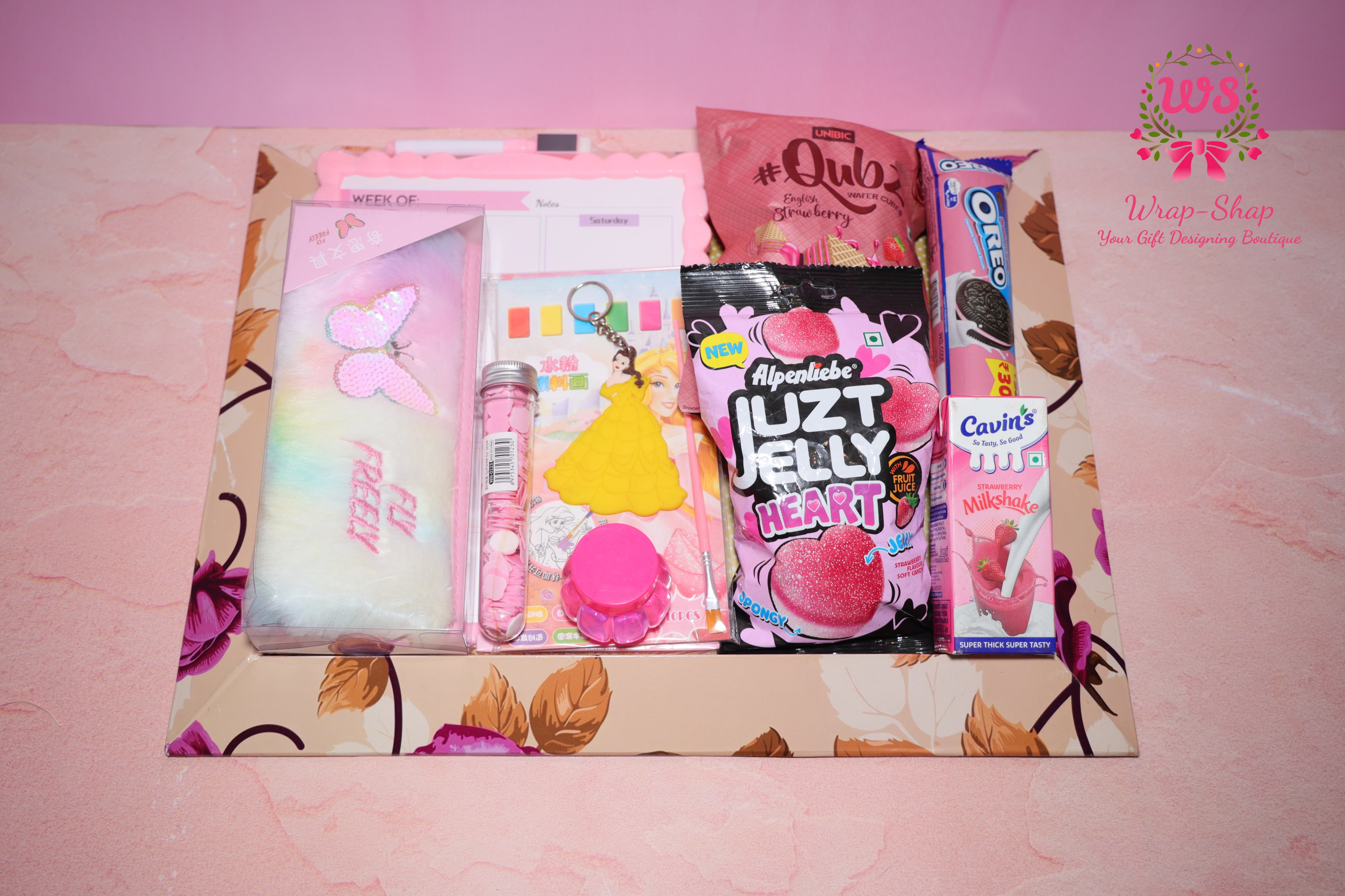 Creative Kids Hamper for Girls with Fur Pouch, Whiteboard, Art Kit & Snacks in Gift Tray | Wrap Shap