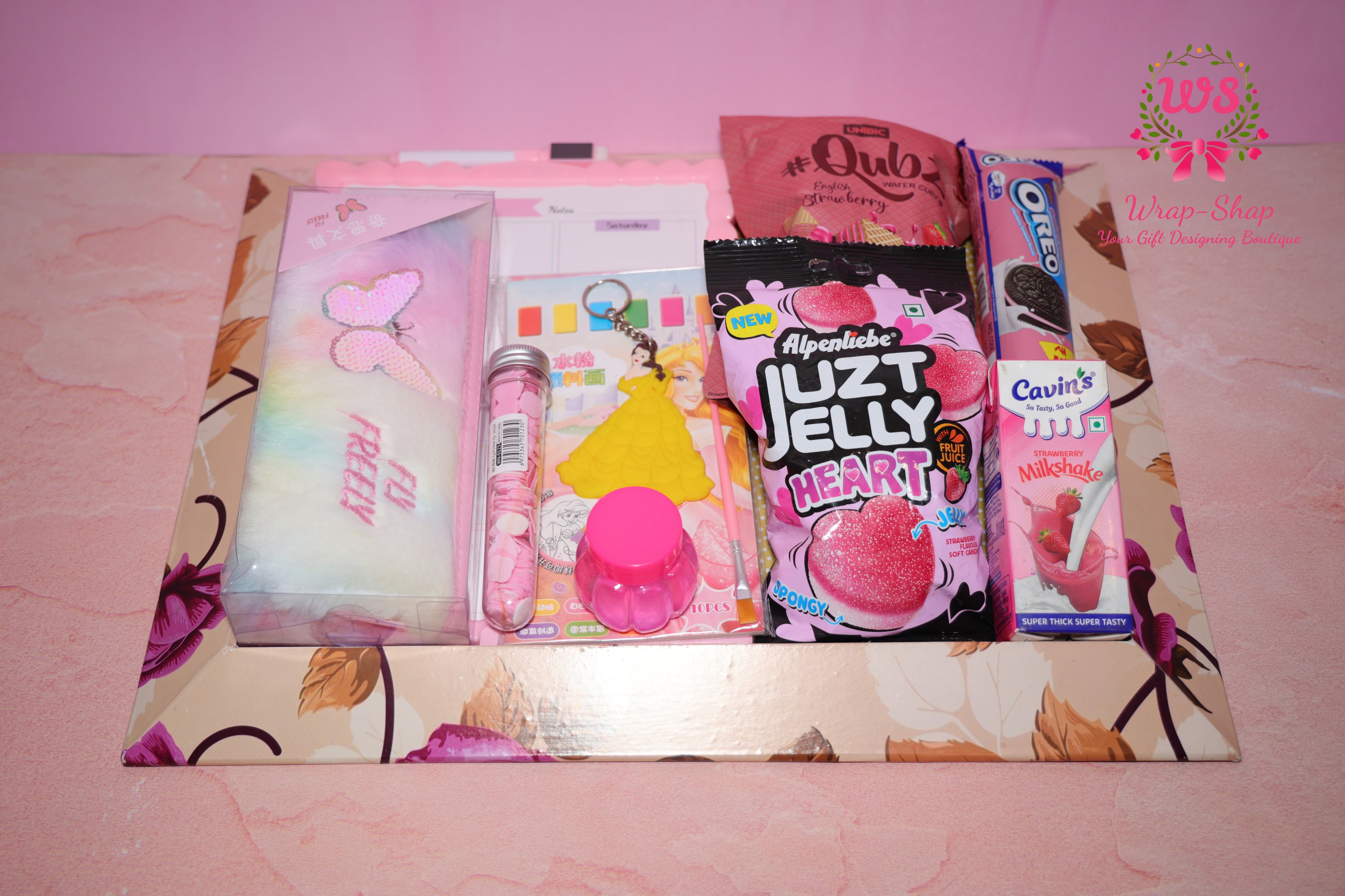 Creative Kids Hamper for Girls with Fur Pouch, Whiteboard, Art Kit & Snacks in Gift Tray | Wrap Shap