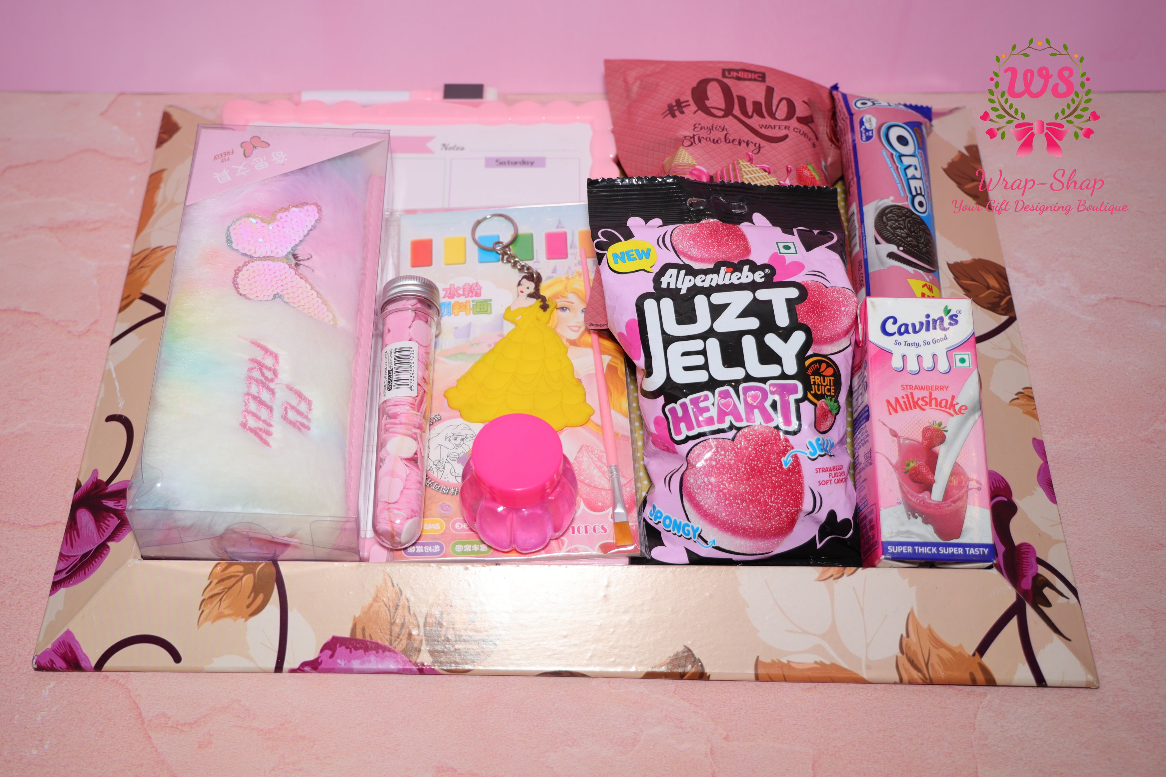 Creative Kids Hamper for Girls with Fur Pouch, Whiteboard, Art Kit & Snacks in Gift Tray | Wrap Shap