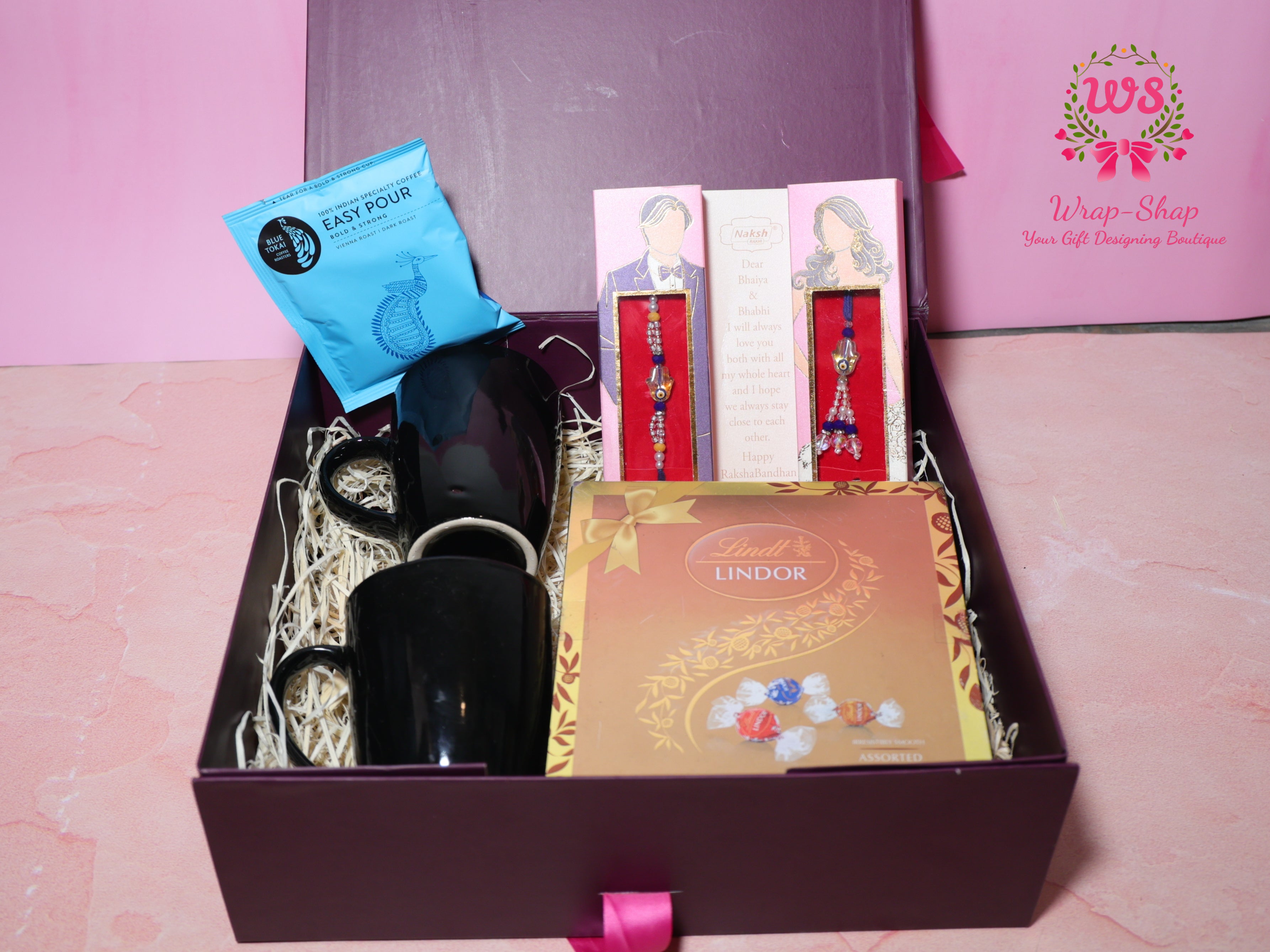 Bhaiya Bhabhi Rakhi Hamper with Coffee Mugs, Premium Coffee Sachets & Lindt Chocolates in Gift Box | Wrap Shap Raksha Bandhan Gift