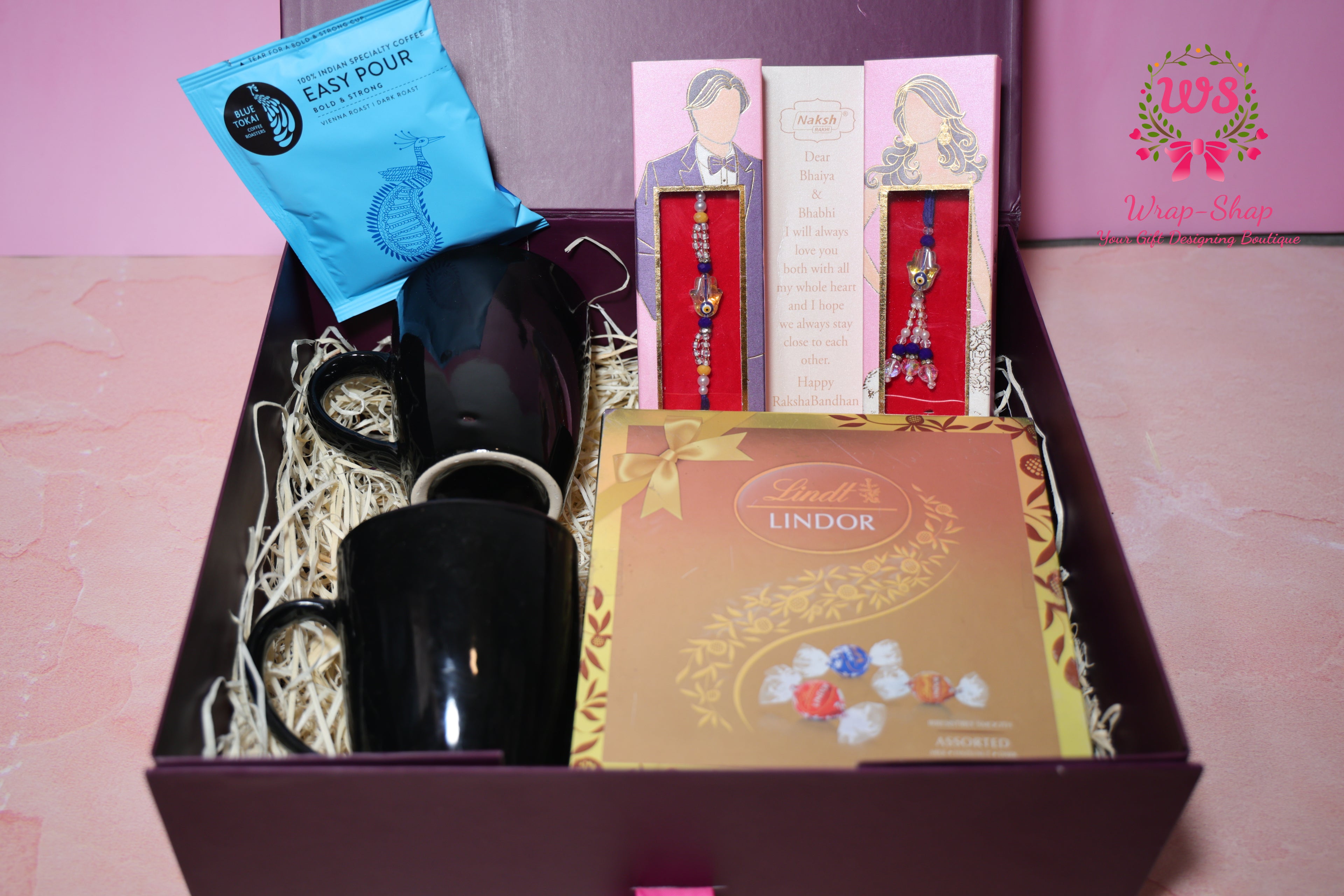 Bhaiya Bhabhi Rakhi Hamper with Coffee Mugs, Premium Coffee Sachets & Lindt Chocolates in Gift Box | Wrap Shap Raksha Bandhan Gift