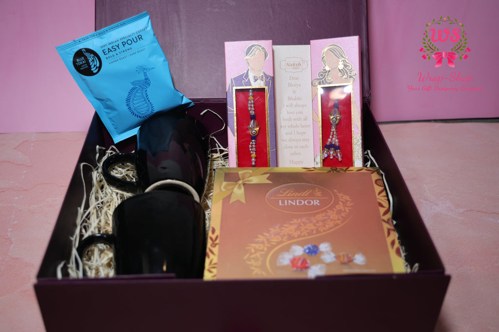 Bhaiya Bhabhi Rakhi Hamper with Coffee Mugs, Premium Coffee Sachets & Lindt Chocolates in Gift Box | Wrap Shap Raksha Bandhan Gift