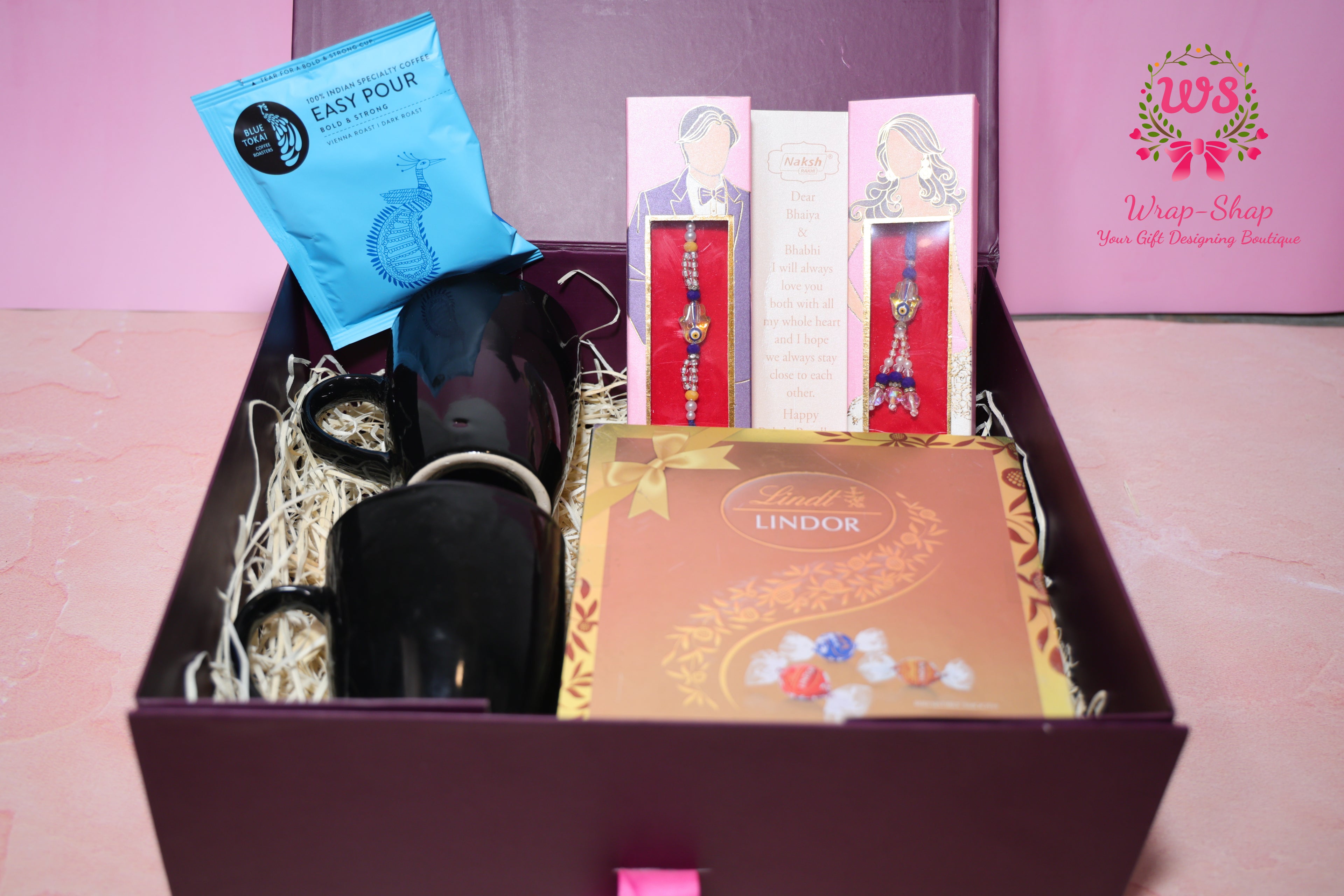 Bhaiya Bhabhi Rakhi Hamper with Coffee Mugs, Premium Coffee Sachets & Lindt Chocolates in Gift Box | Wrap Shap Raksha Bandhan Gift