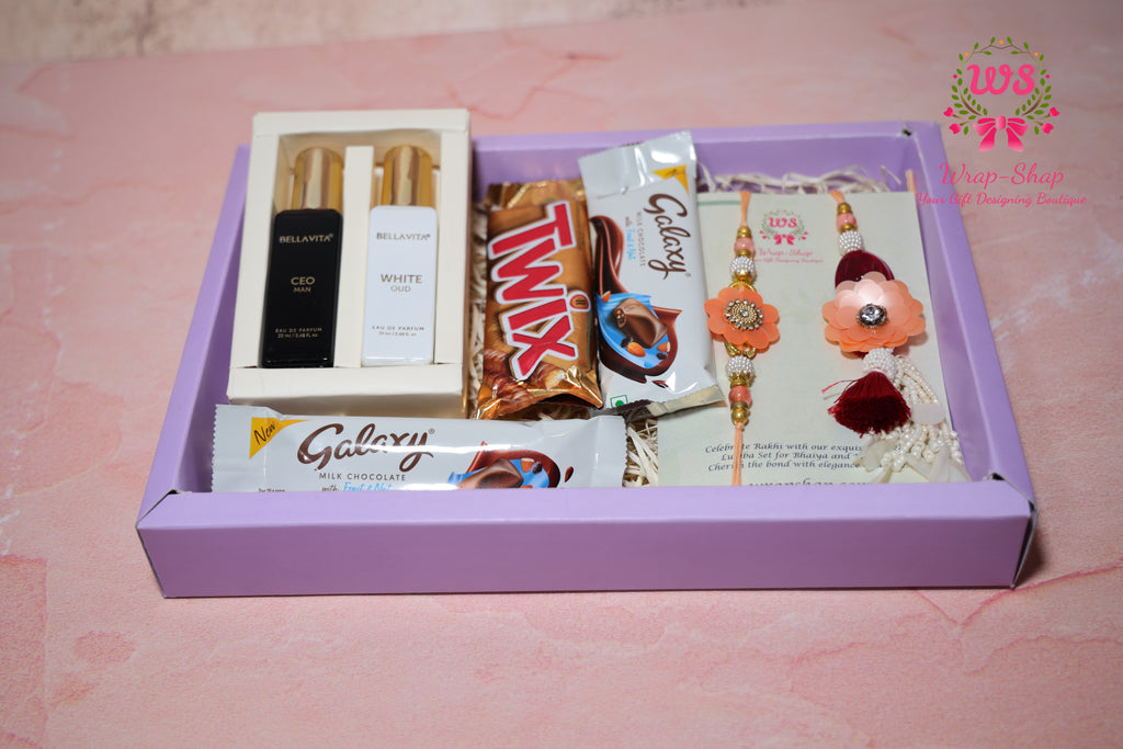 Bhaiya Bhabhi Rakhi Hamper with Men & Women Perfume Gift Set, Chocolates & Transparent Gift Box | Wrap Shap