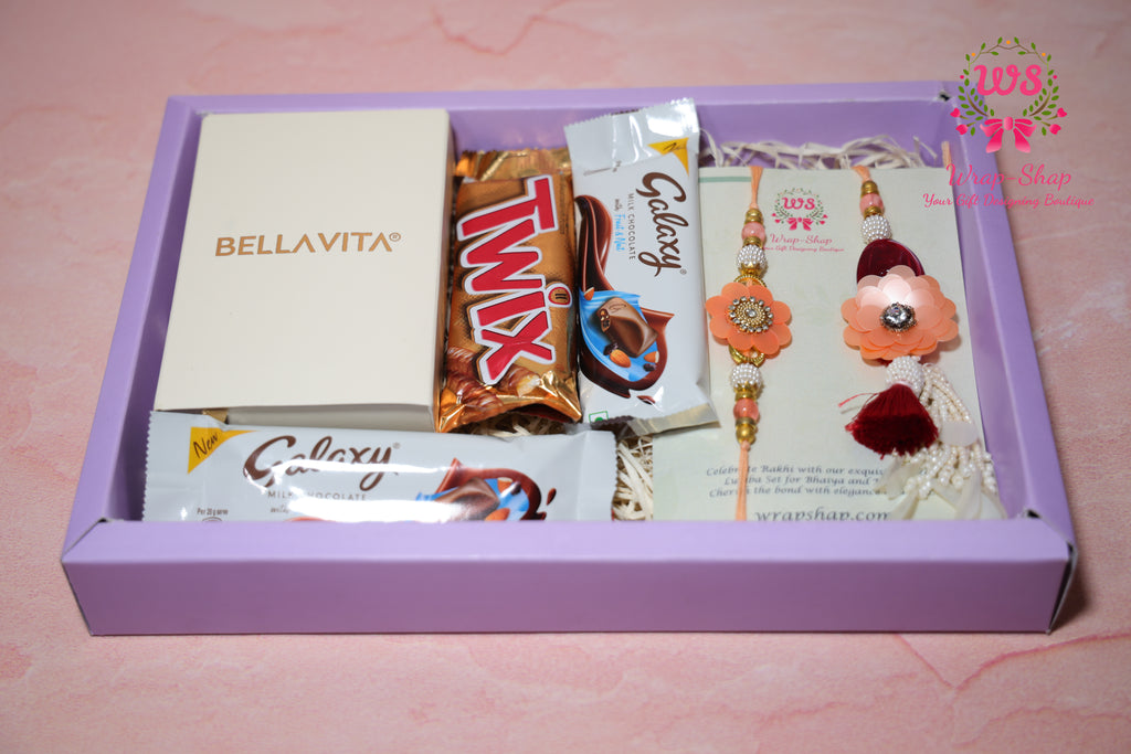 Bhaiya Bhabhi Rakhi Hamper with Men & Women Perfume Gift Set, Chocolates & Transparent Gift Box | Wrap Shap