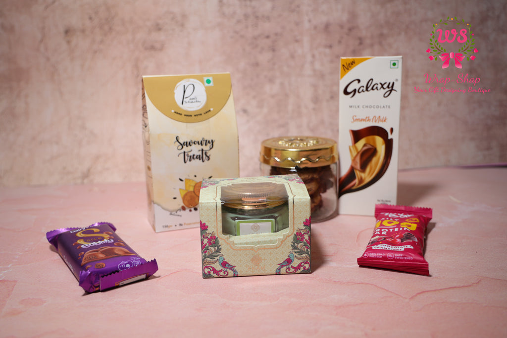 All-Occasion Gift Hamper with Savoury Snacks, Chocolates, Cookies, Candle & Protein Bar in Gift Box | Wrap Shap