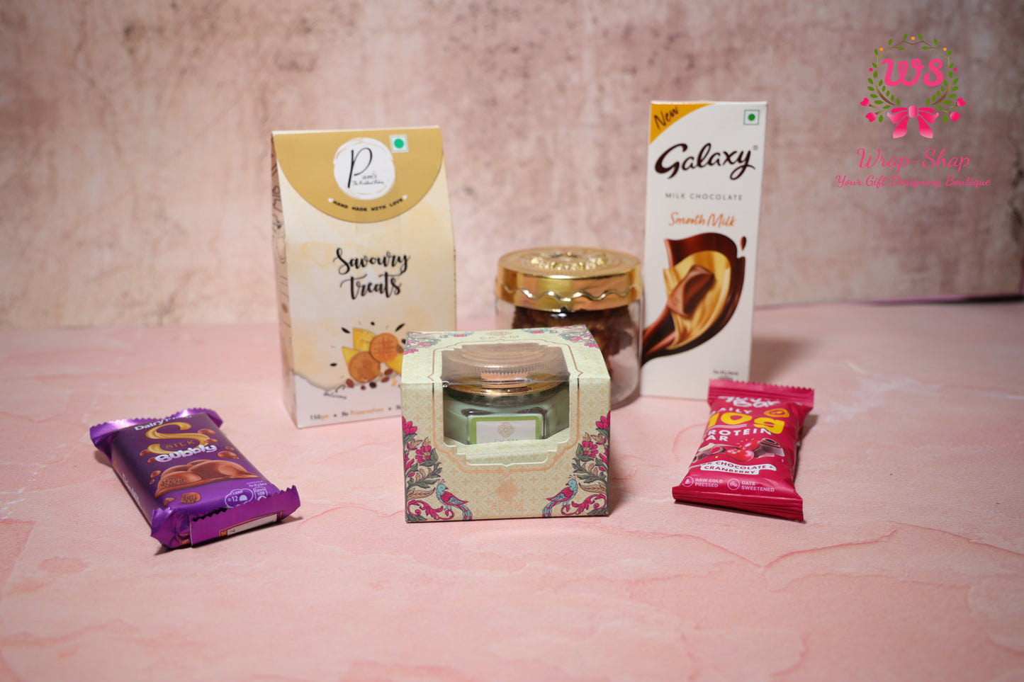 All-Occasion Gift Hamper with Savoury Snacks, Chocolates, Cookies, Candle & Protein Bar in Gift Box | Wrap Shap