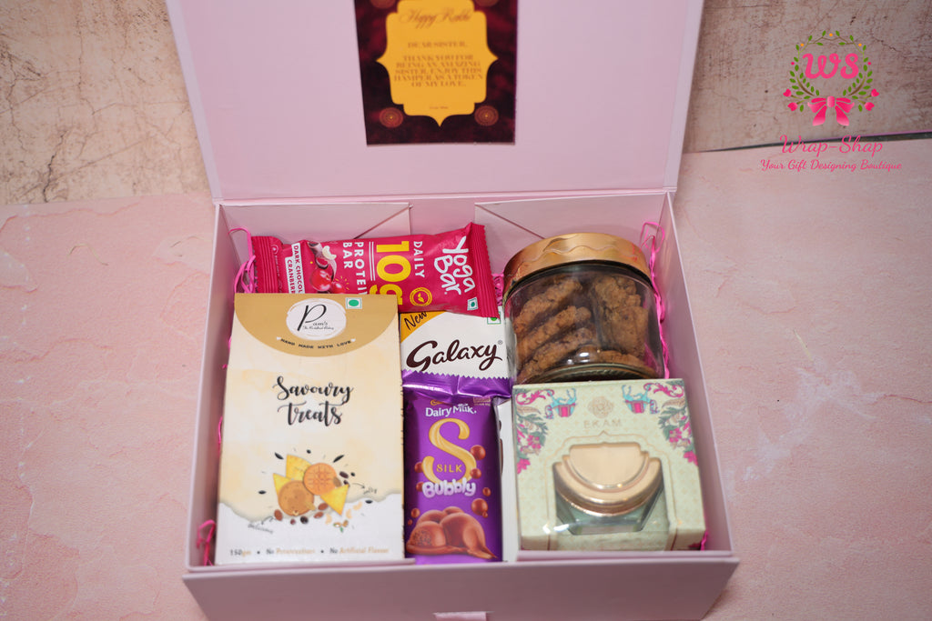 All-Occasion Gift Hamper with Savoury Snacks, Chocolates, Cookies, Candle & Protein Bar in Gift Box | Wrap Shap