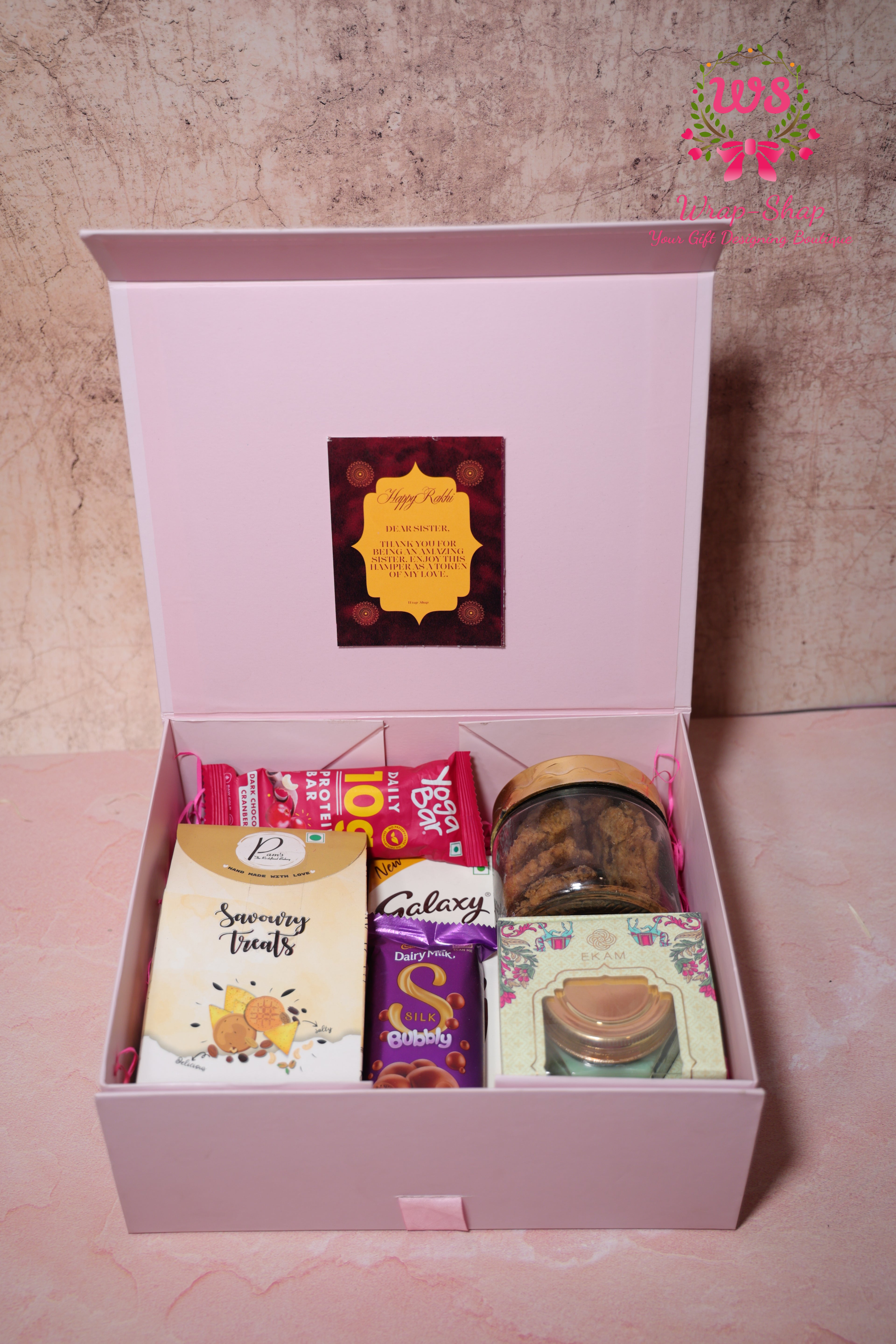 All-Occasion Gift Hamper with Savoury Snacks, Chocolates, Cookies, Candle & Protein Bar in Gift Box | Wrap Shap