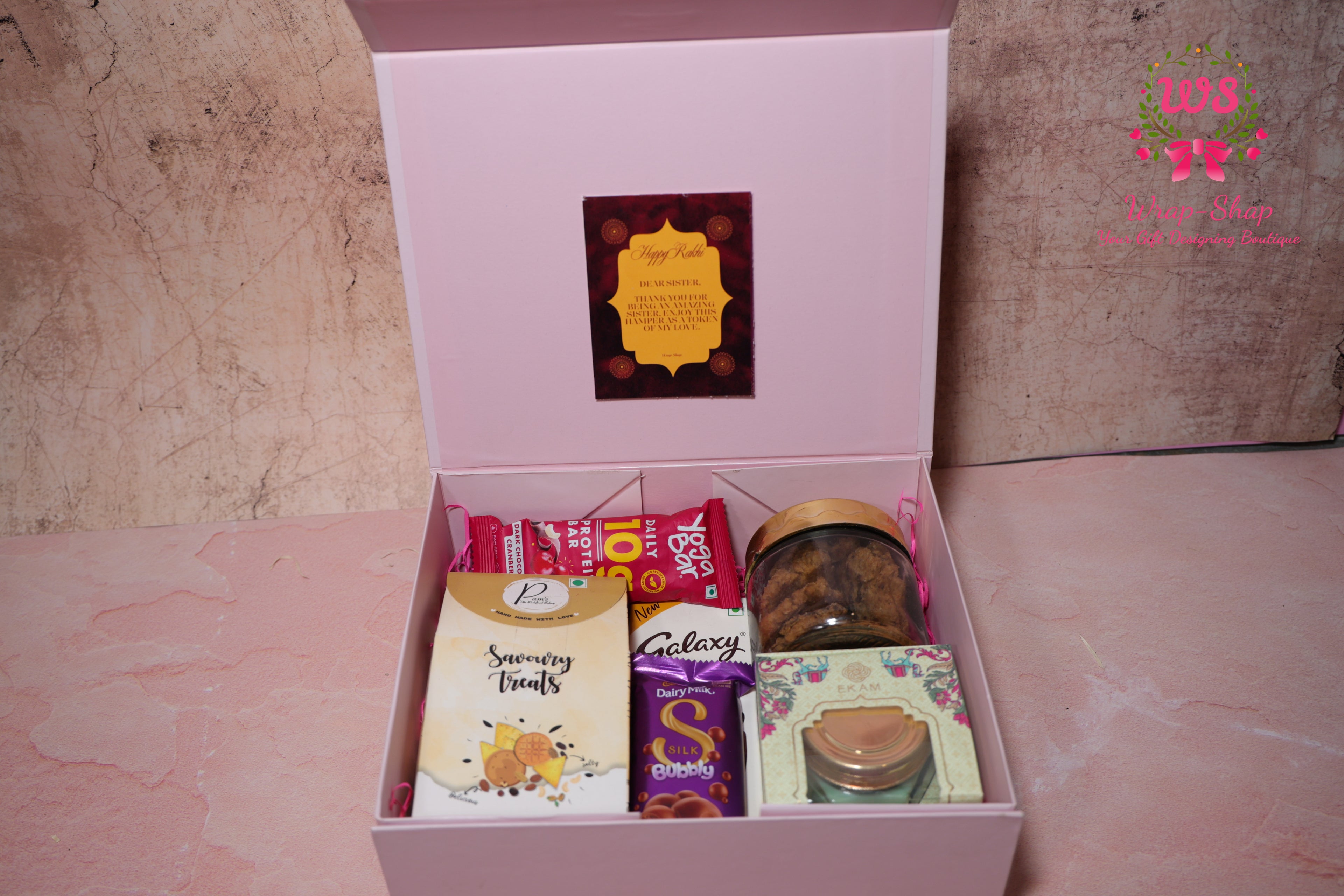 All-Occasion Gift Hamper with Savoury Snacks, Chocolates, Cookies, Candle & Protein Bar in Gift Box | Wrap Shap