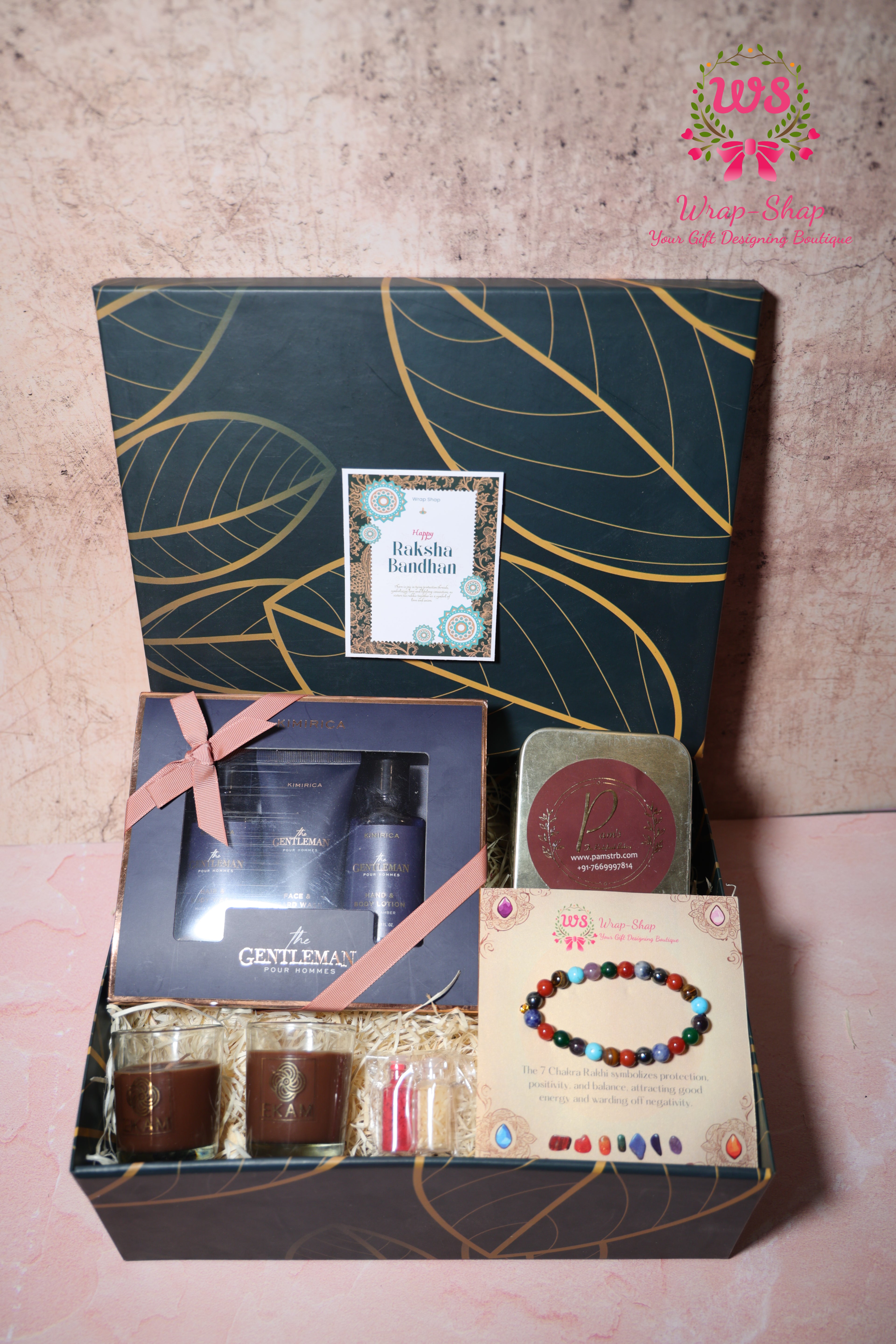 Luxury Men’s Rakhi Hamper with Kimirica Face Wash, Body Mist, Lotion, 7 Chakra Rakhi, Scented Candles & Chocolates in Gift Box | Wrap Shap