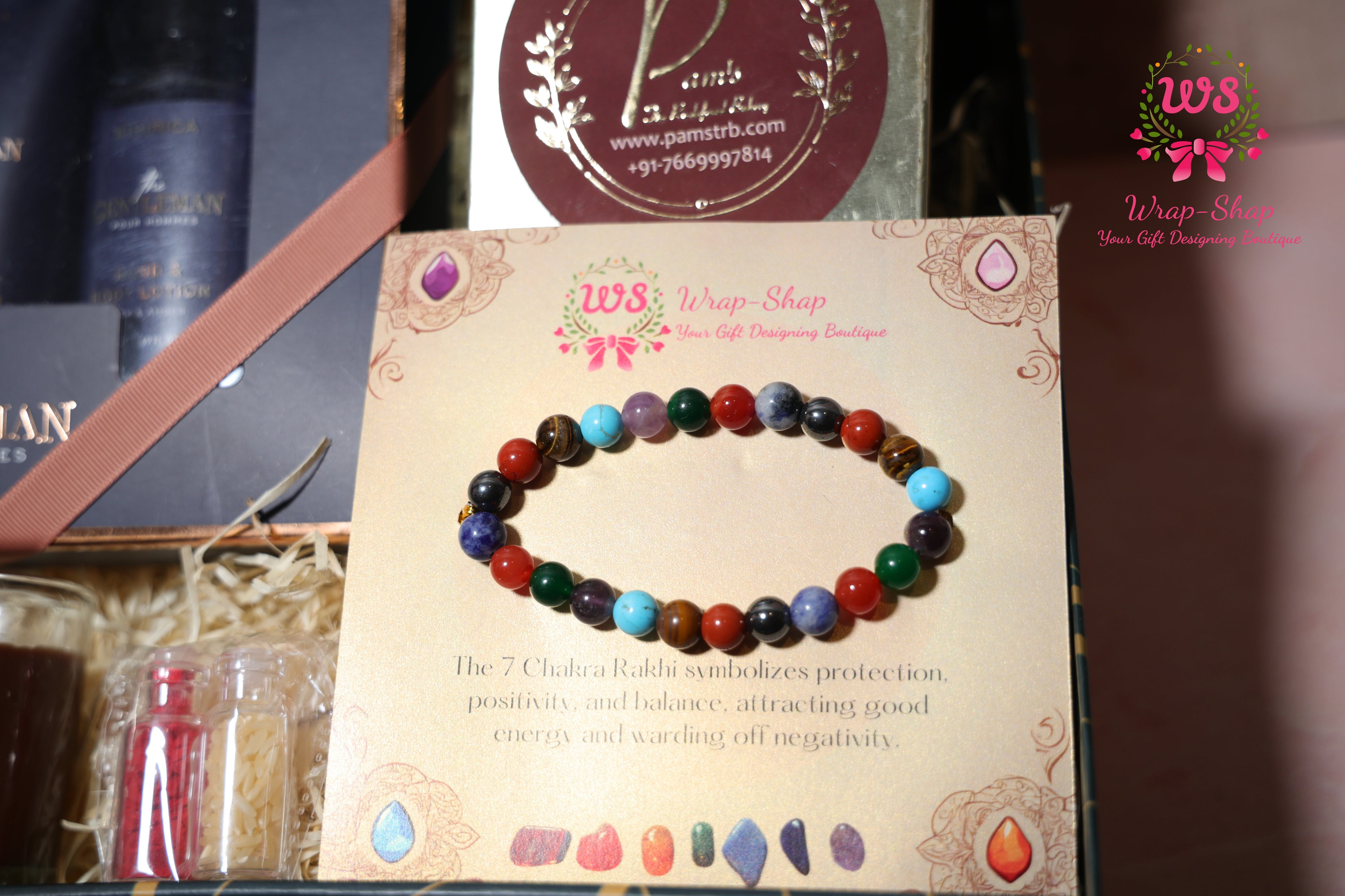 Luxury Men’s Rakhi Hamper with Kimirica Face Wash, Body Mist, Lotion, 7 Chakra Rakhi, Scented Candles & Chocolates in Gift Box | Wrap Shap